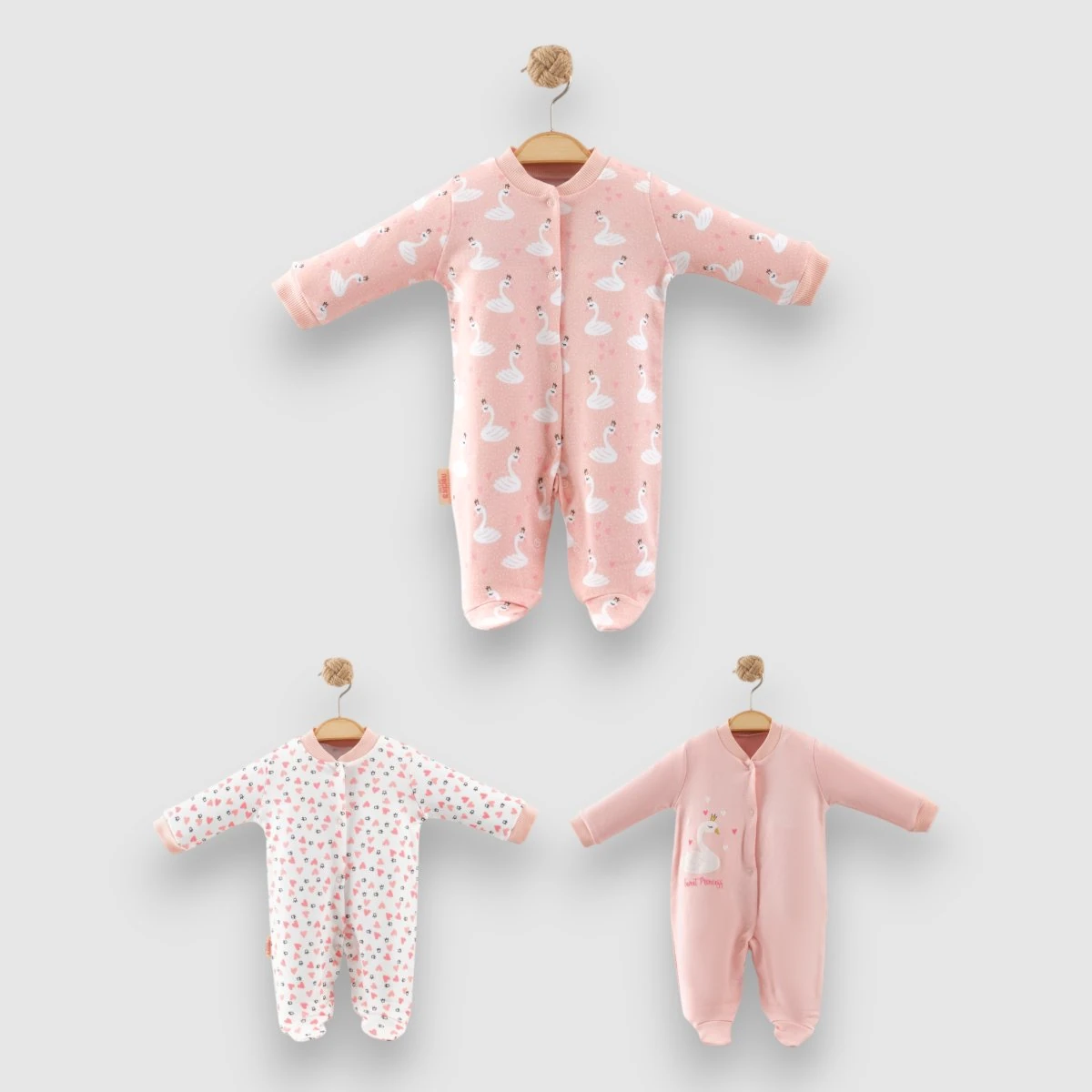 Kız Bebek %100 Pamuk Kuğulu Patikli 3'lü Tulum Seti