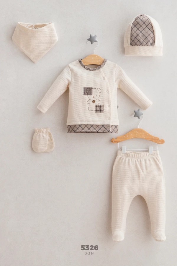 Erkek Bebek 0-3 Ay (Yenidoğan) Premium Minikto Ayıcıklı Ekru %100 Pamuk 5'li Set