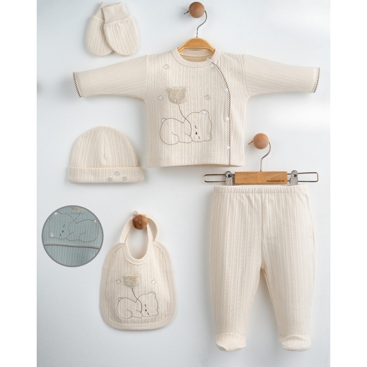 Unisex Premium Minikto Ayıcık Nakışlı 0-3 Ay (Yenidoğan) 5'li Set Mint
