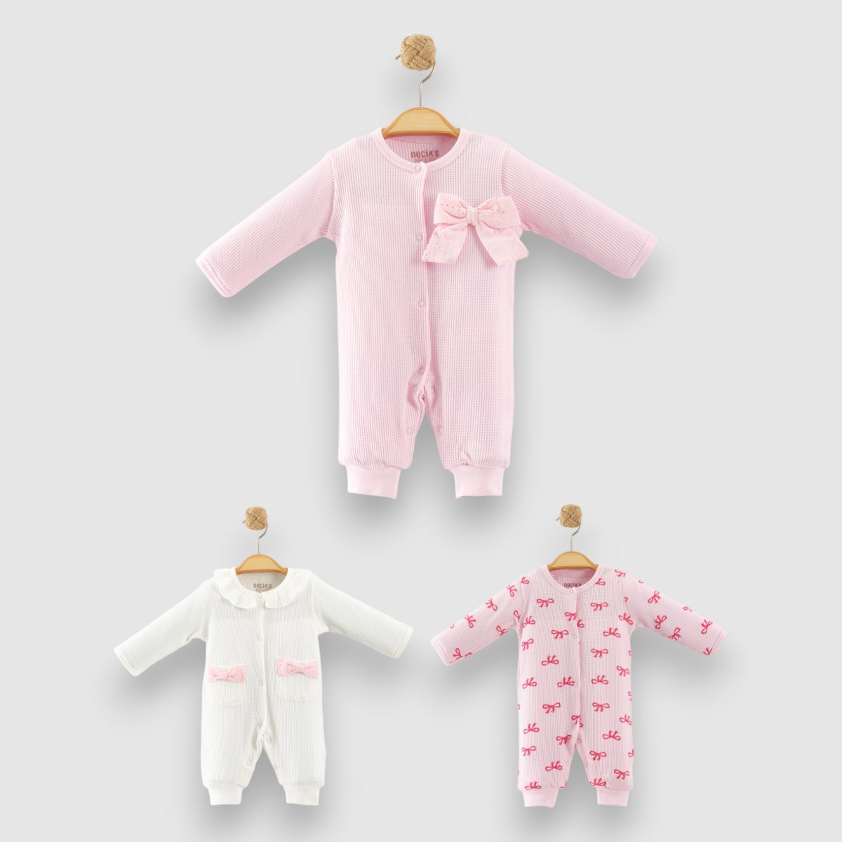 Kız Bebek Premium %100 Pamuk Fiyonk Desenli 3'lü Tulum Set