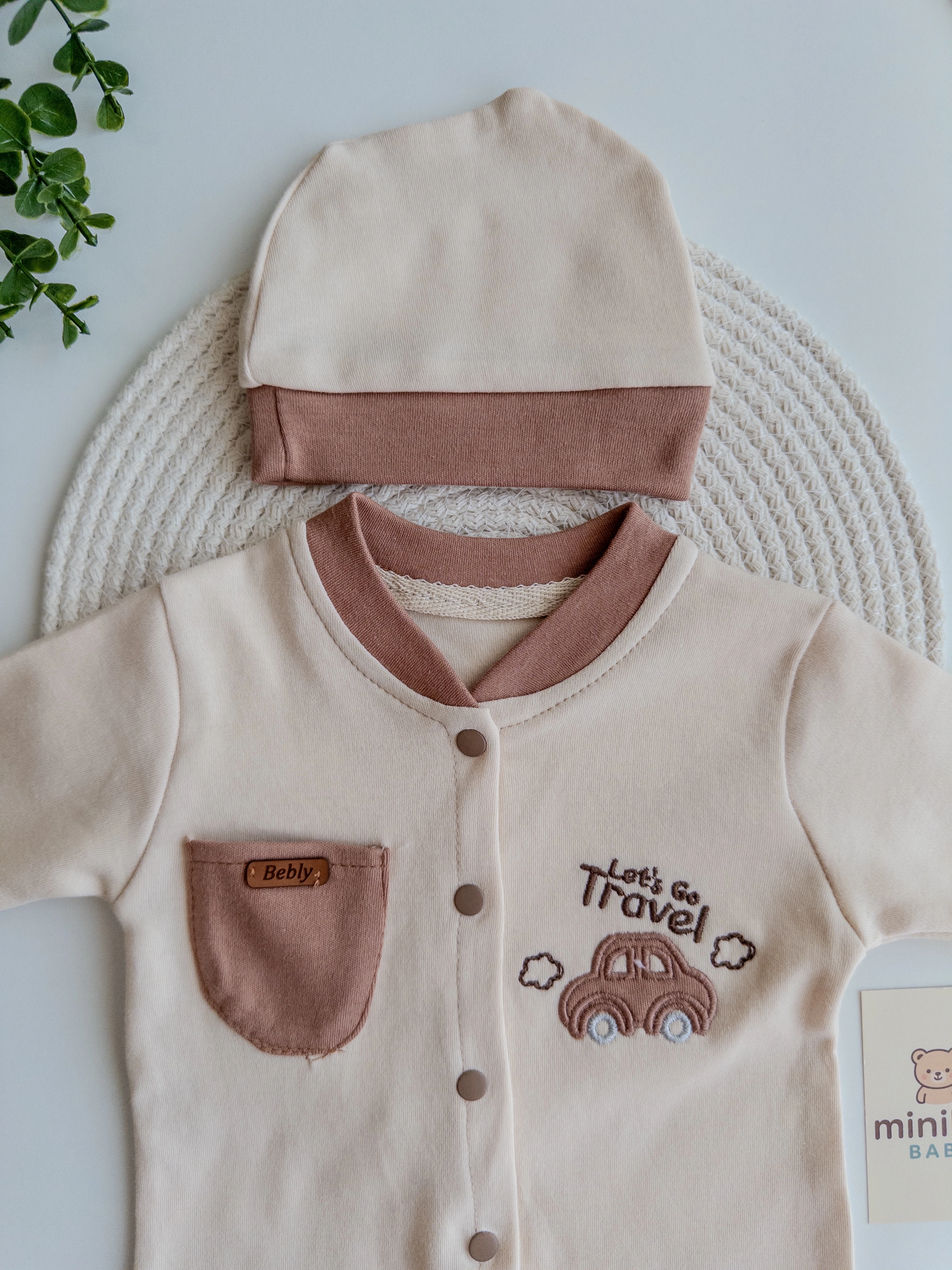 Erkek Bebek %100 Pamuk 0-3 Ay Seyahat Temalı Şapkalı Tulum