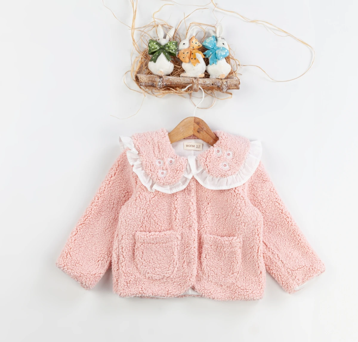 Kız Bebek Çiçek Yaka Detaylı Peluş Hırka