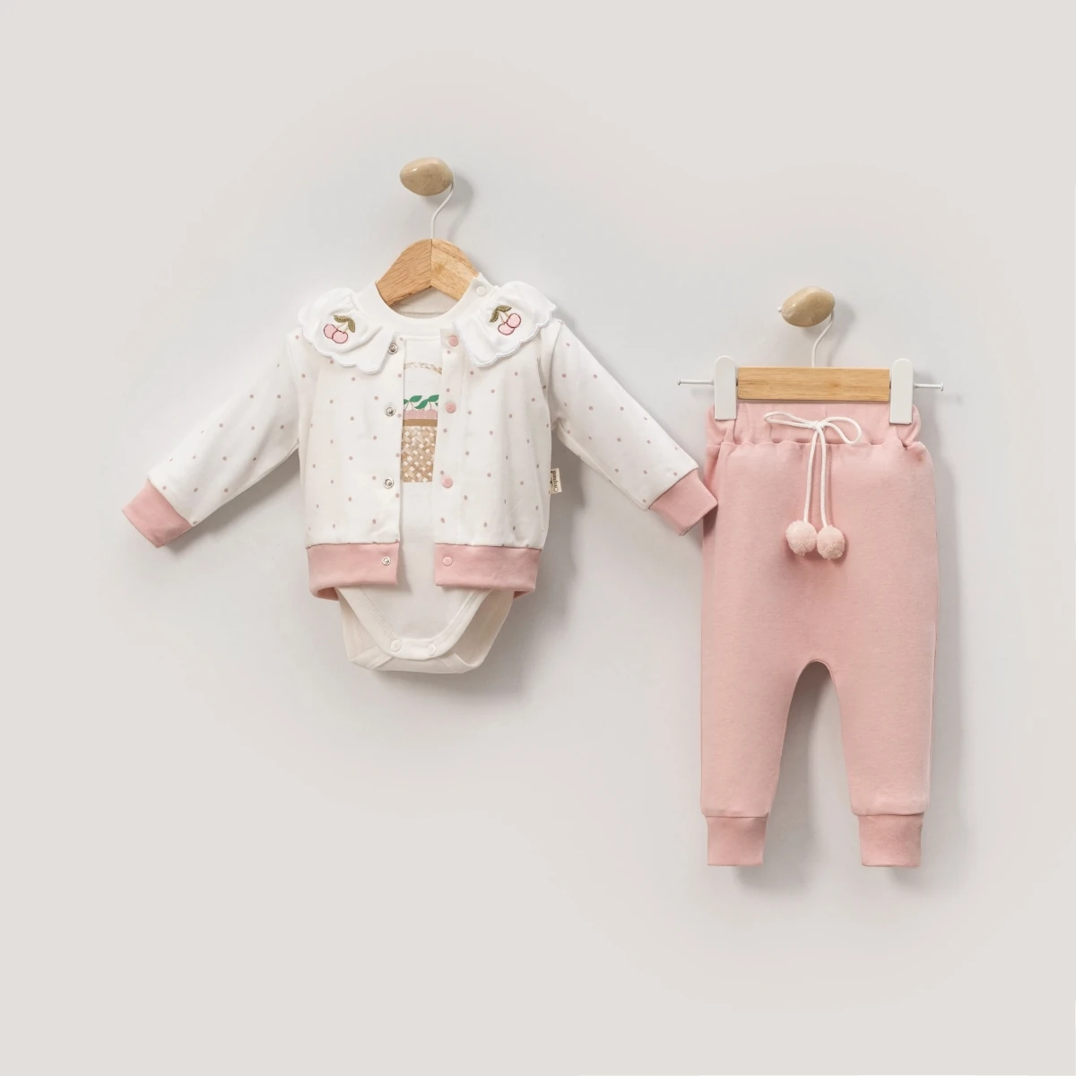 Kız Bebek %100 Pamuk Kiraz Yakalı 3'lü Takım