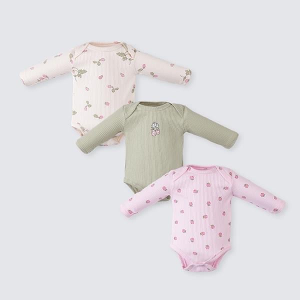 Kız Bebek Premium %100 Pamuk Ahududu Desenli 3'lü Body Set