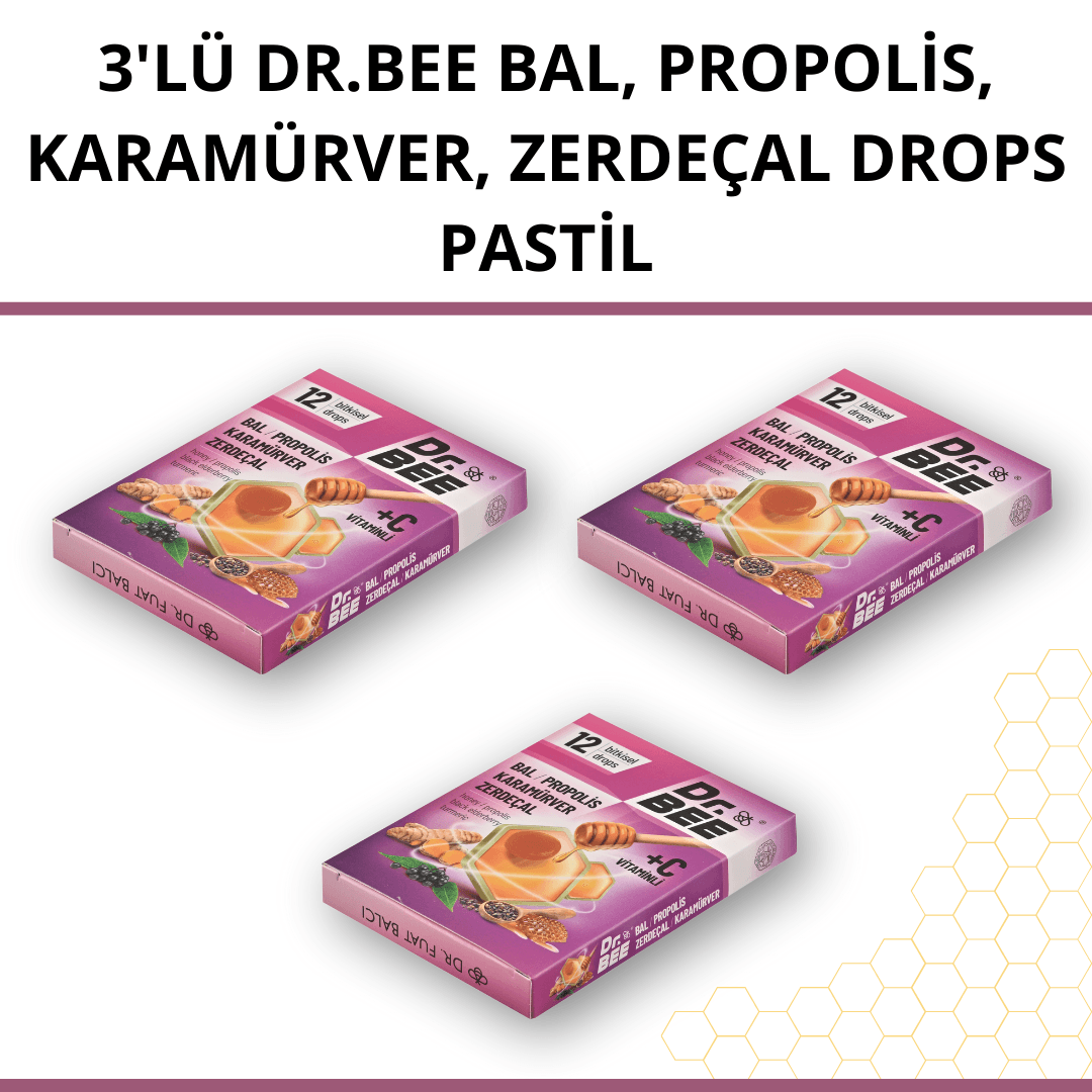 3'lü Dr.Bee Bal, Propolis,Karamürver, Zerdeçal Drops Pastil Paketi