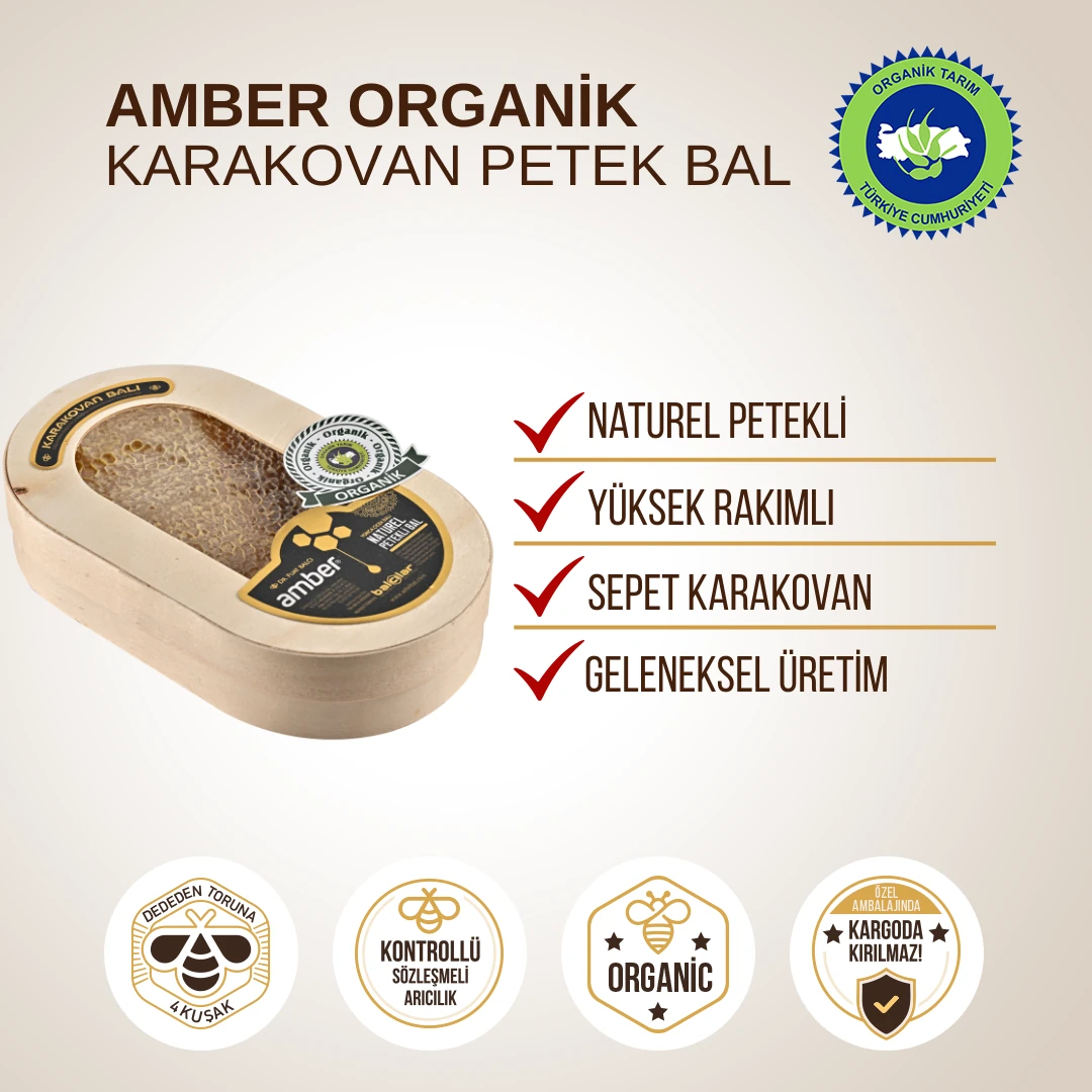 2'li Organik Ballar Paketi,  Amber Organik Bal 650 gr, Karakovan Petek Tüm 750 gr(±50gr)