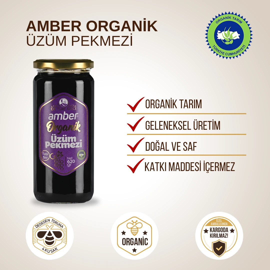 3'lü Organik Pekmezler Paketi Keçiboynuzu 620 gr, Dut 620 gr ve Üzüm 620 gr