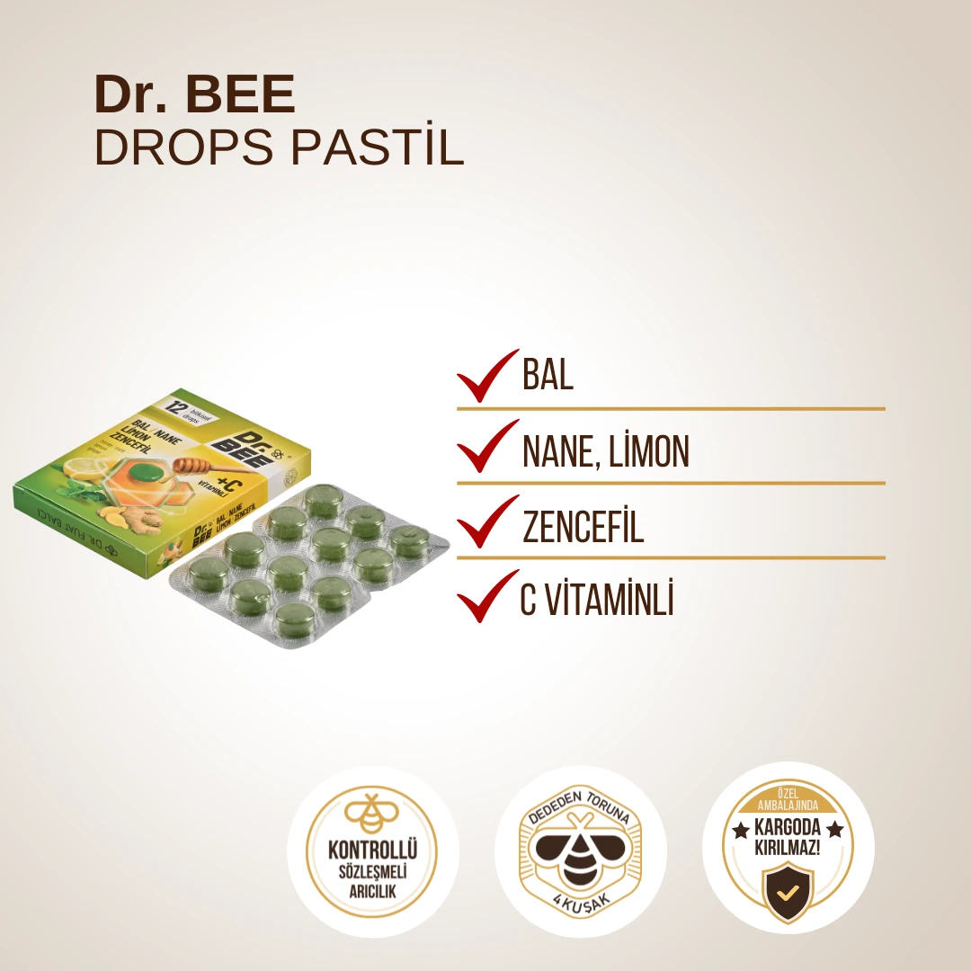 3'lü Dr. Bee Bal, Nane, Limon, Zencefil Drops Pastil Paketi