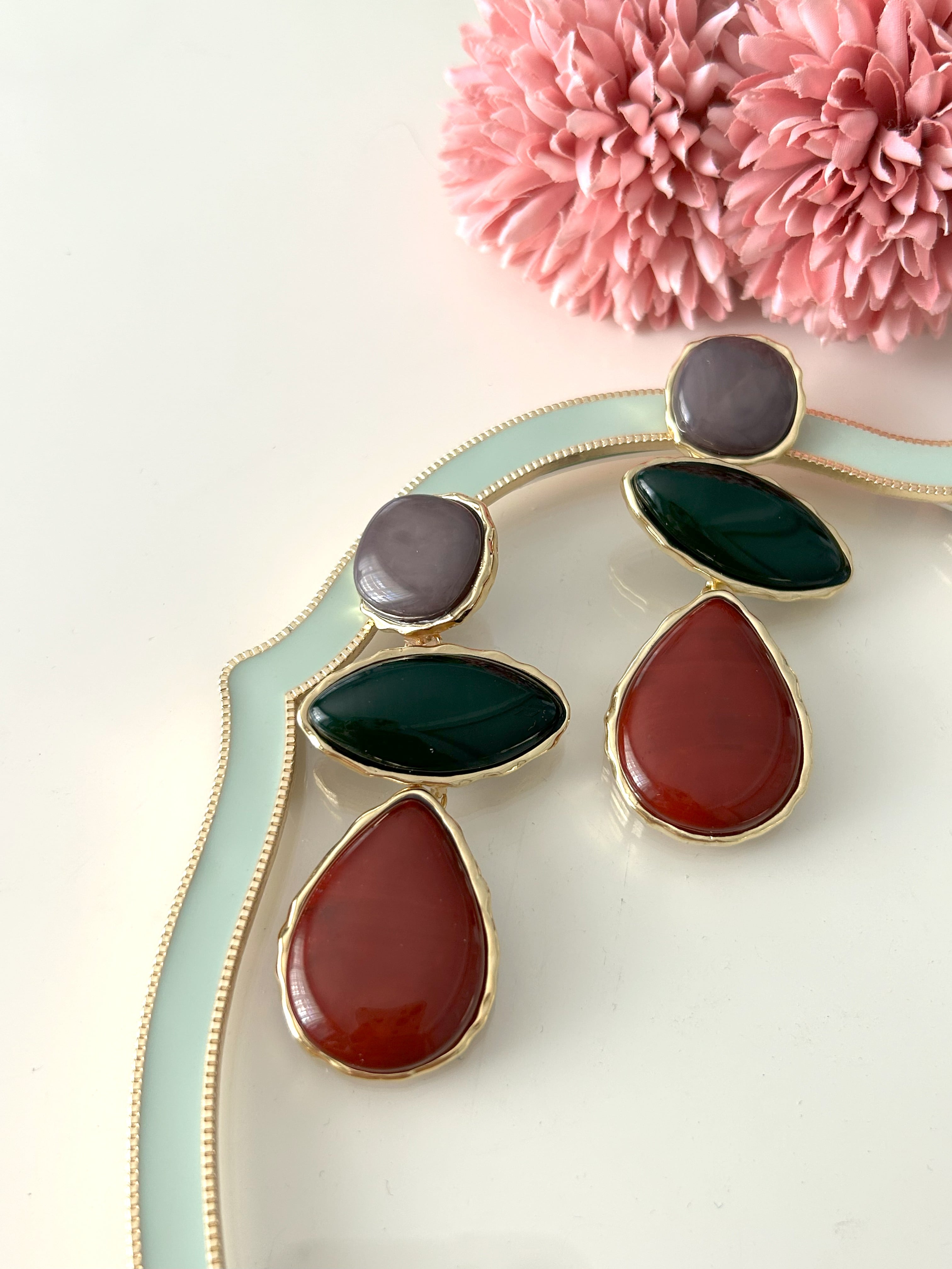 Bordo ve Yeşil Detaylı Küpe