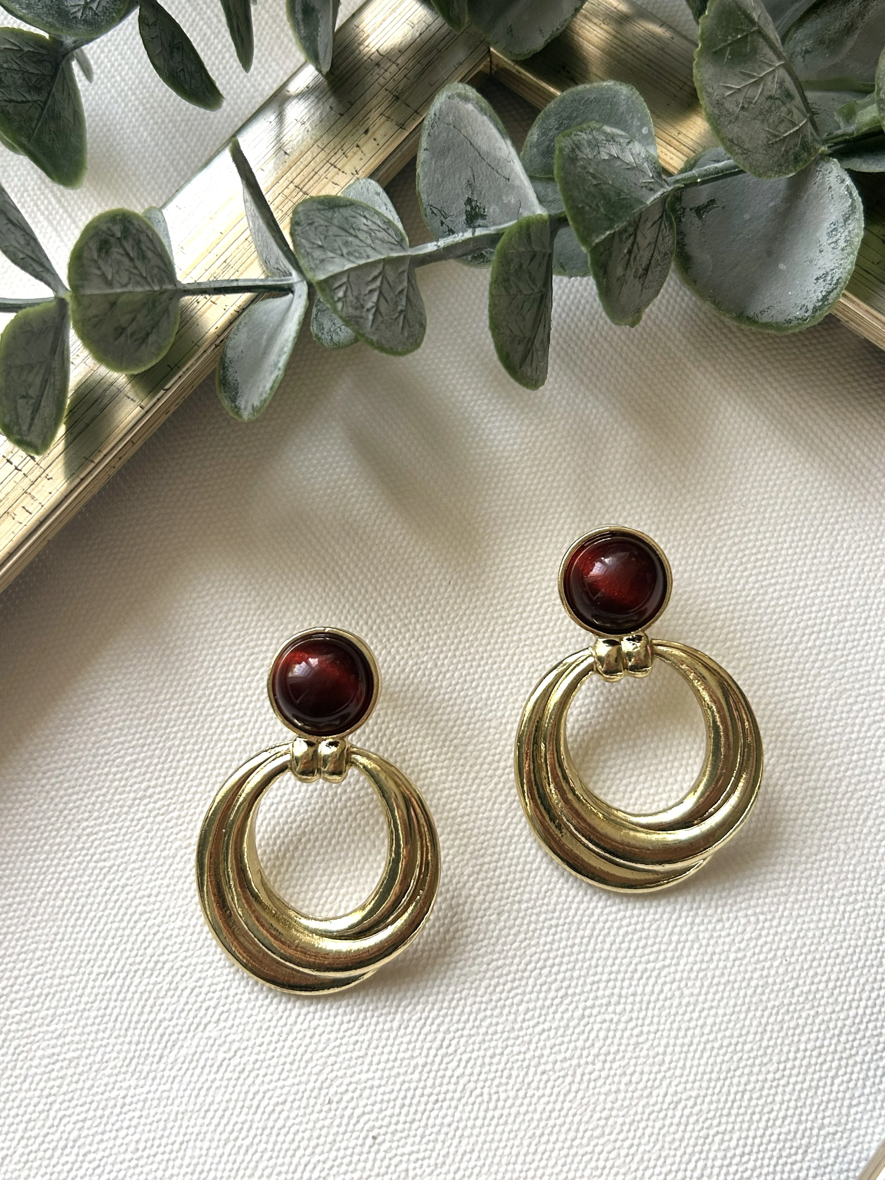 Vintage Bordo Taşlı Altın Halka Küpe