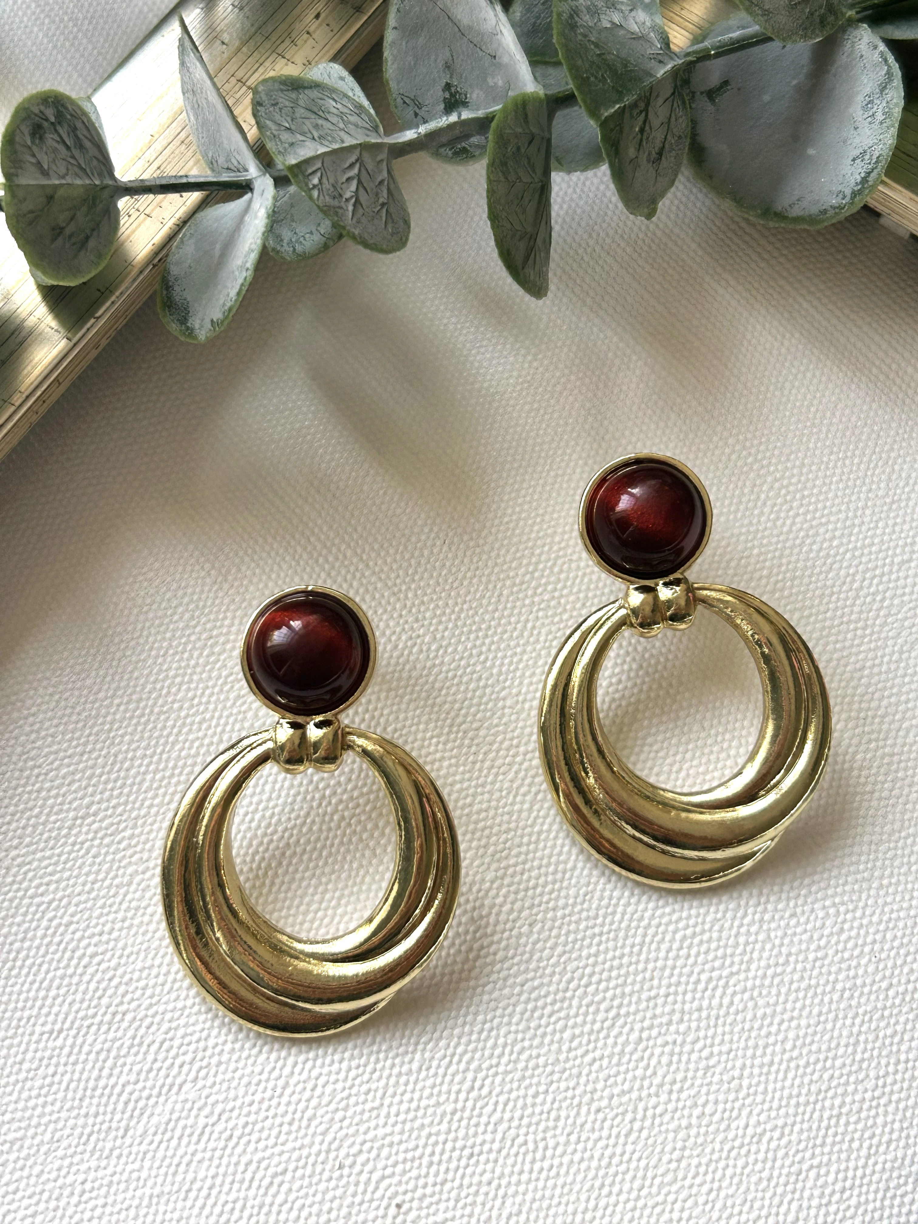 Vintage Bordo Taşlı Altın Halka Küpe