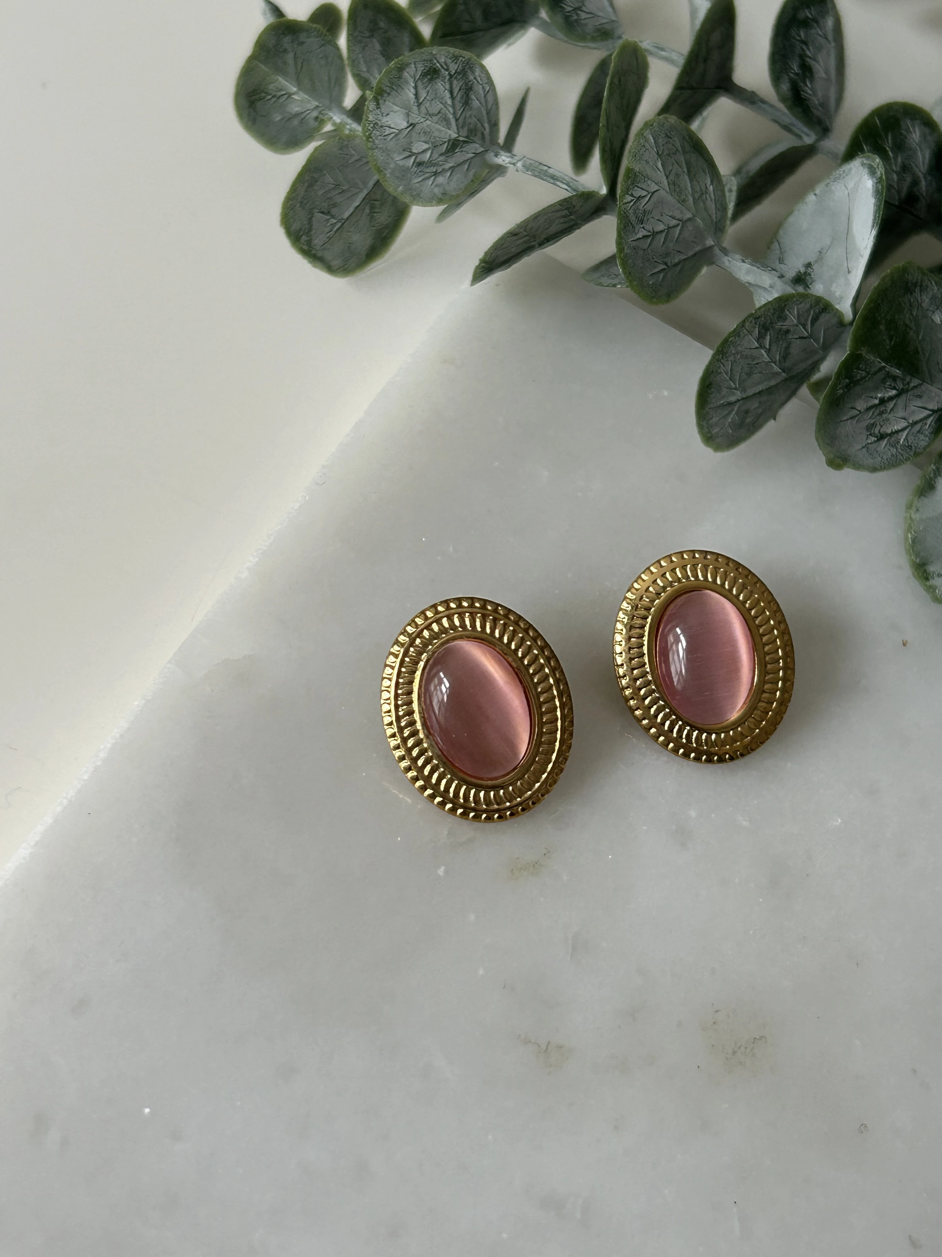 Gold Çerçeve Detaylı Pembe Çelik Küpe