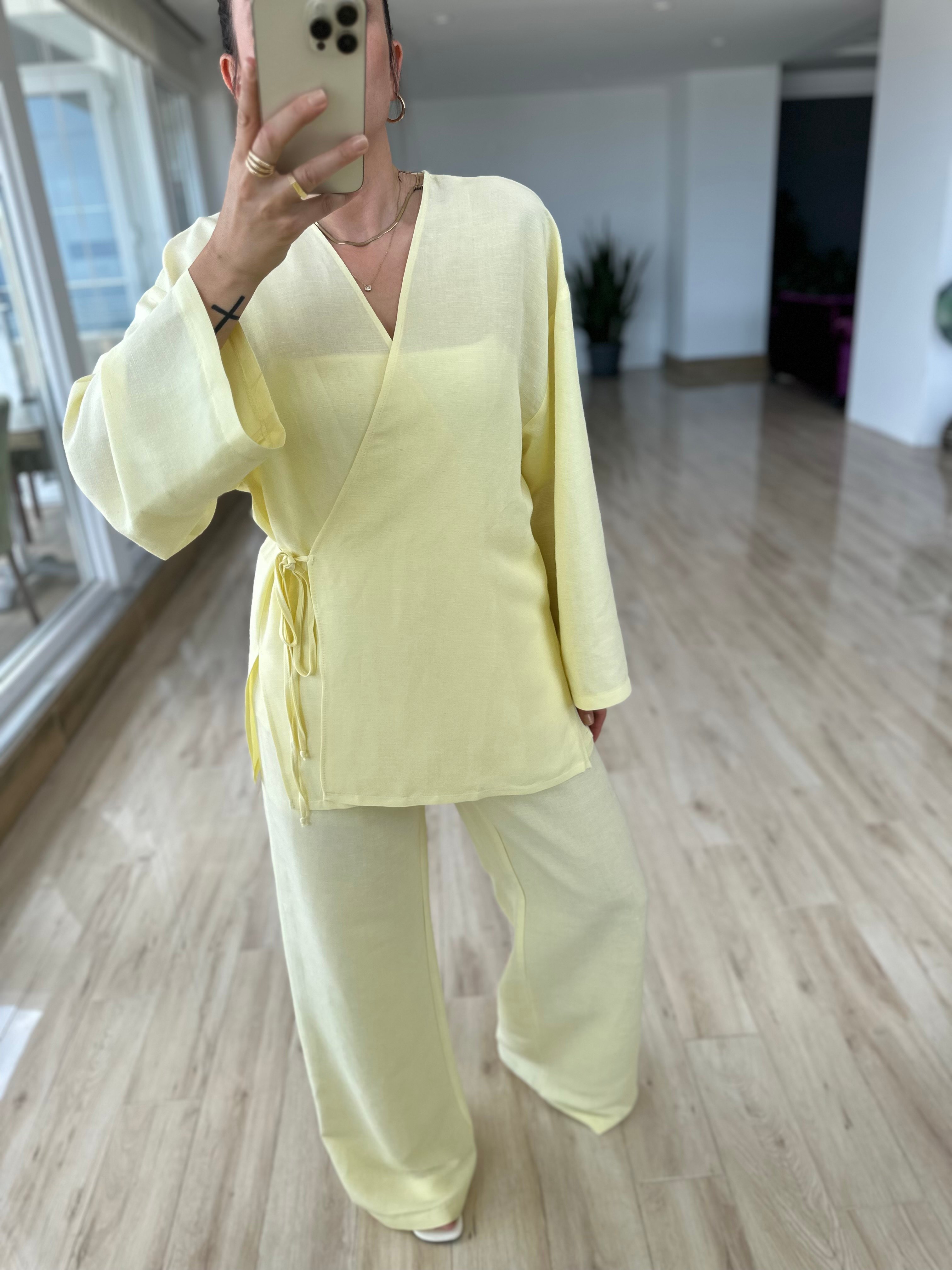 Tereyağ Sarısı Kimono Pantolon Takım