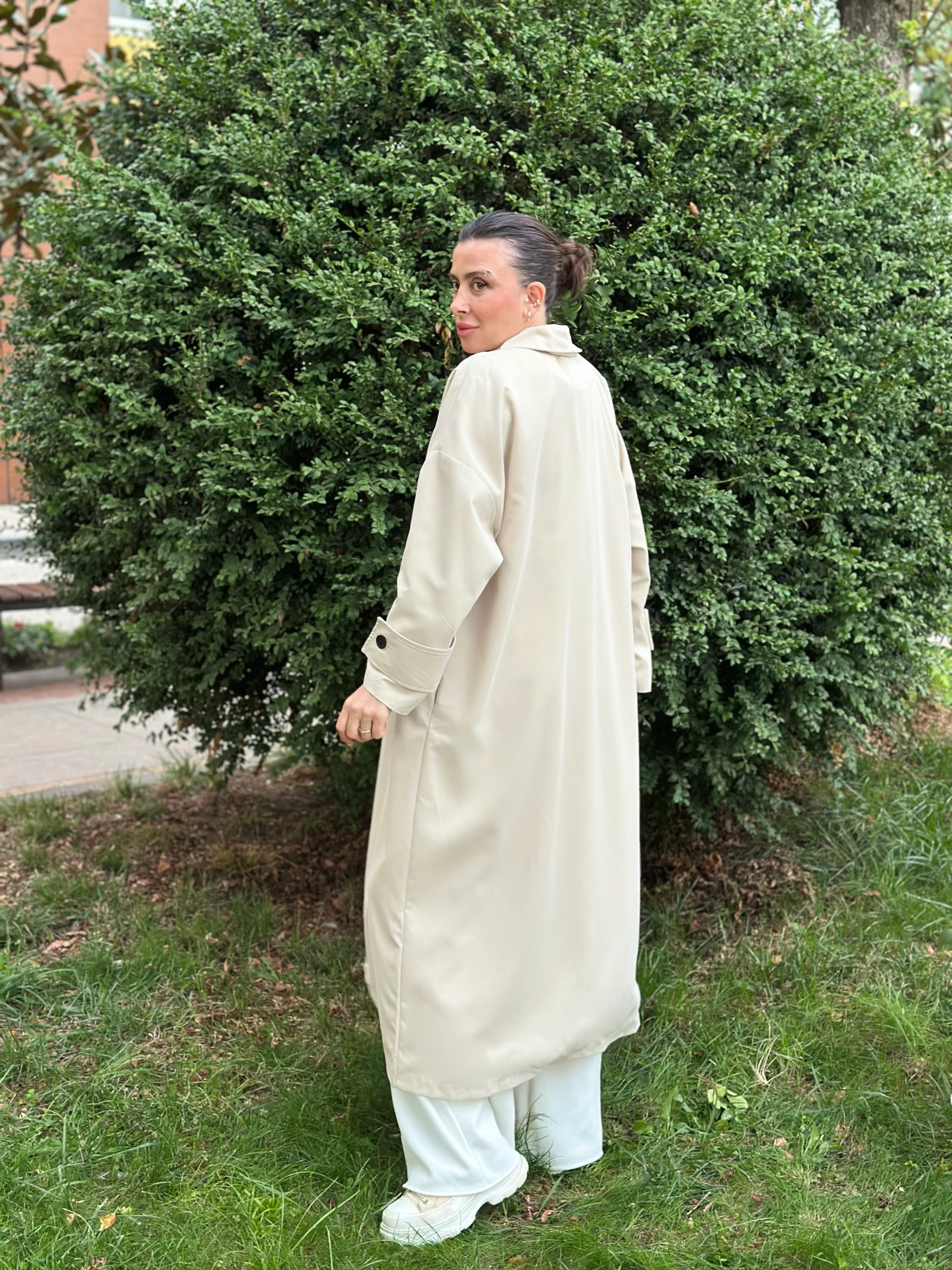 Maksi Boy Bej Renk Düz Model Trençkot
