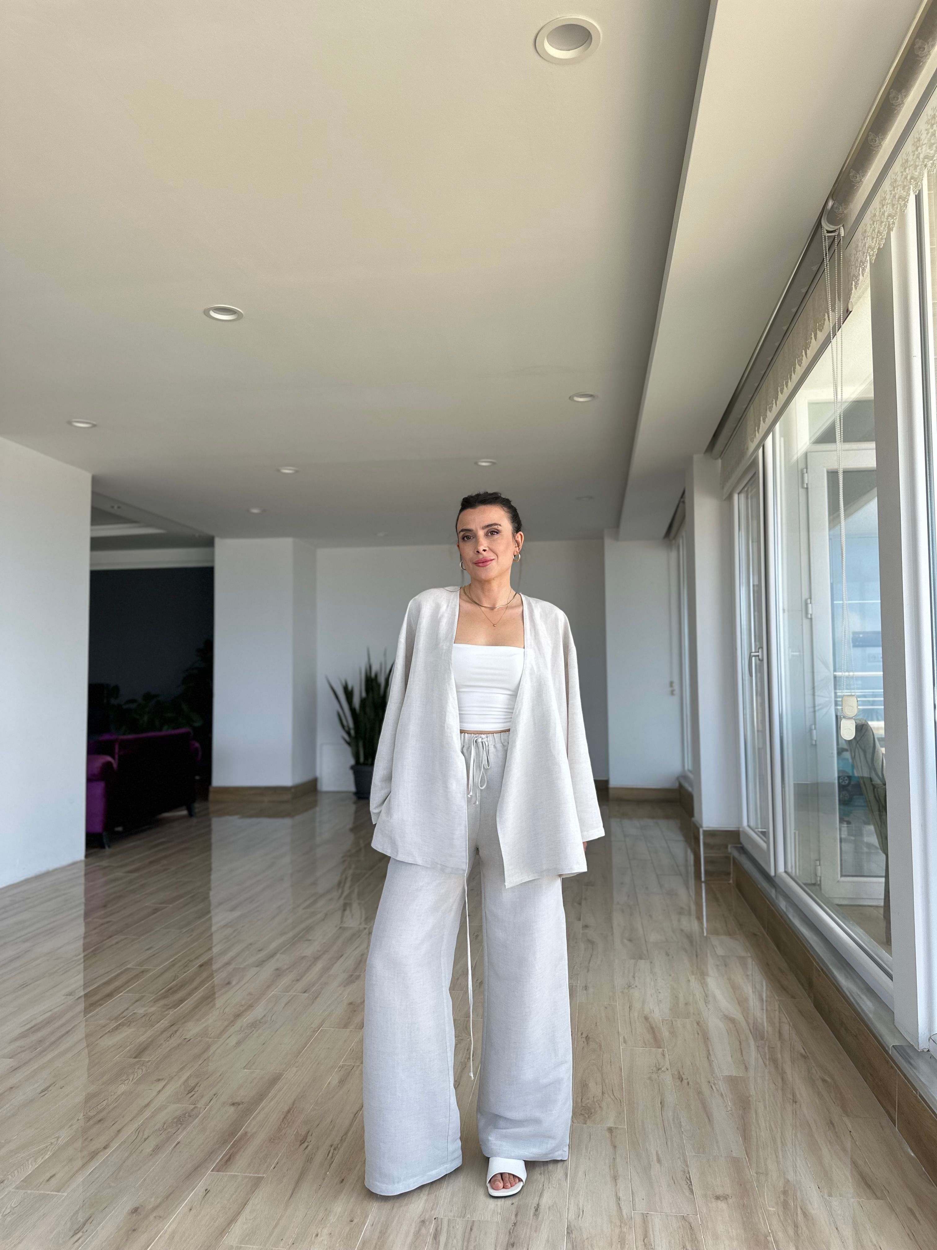 Taş Renk Kimono Pantolon Takım