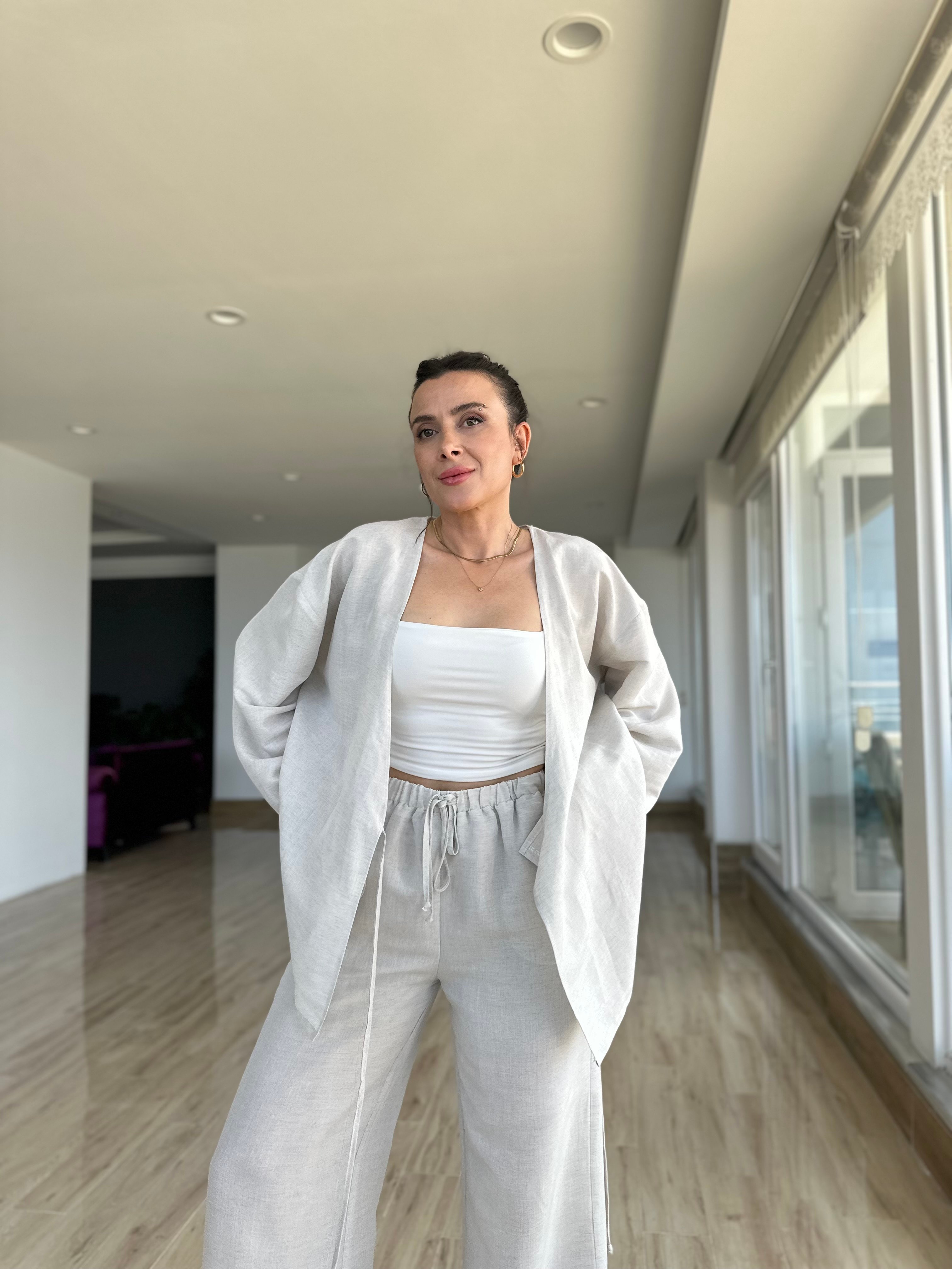 Taş Renk Kimono Pantolon Takım