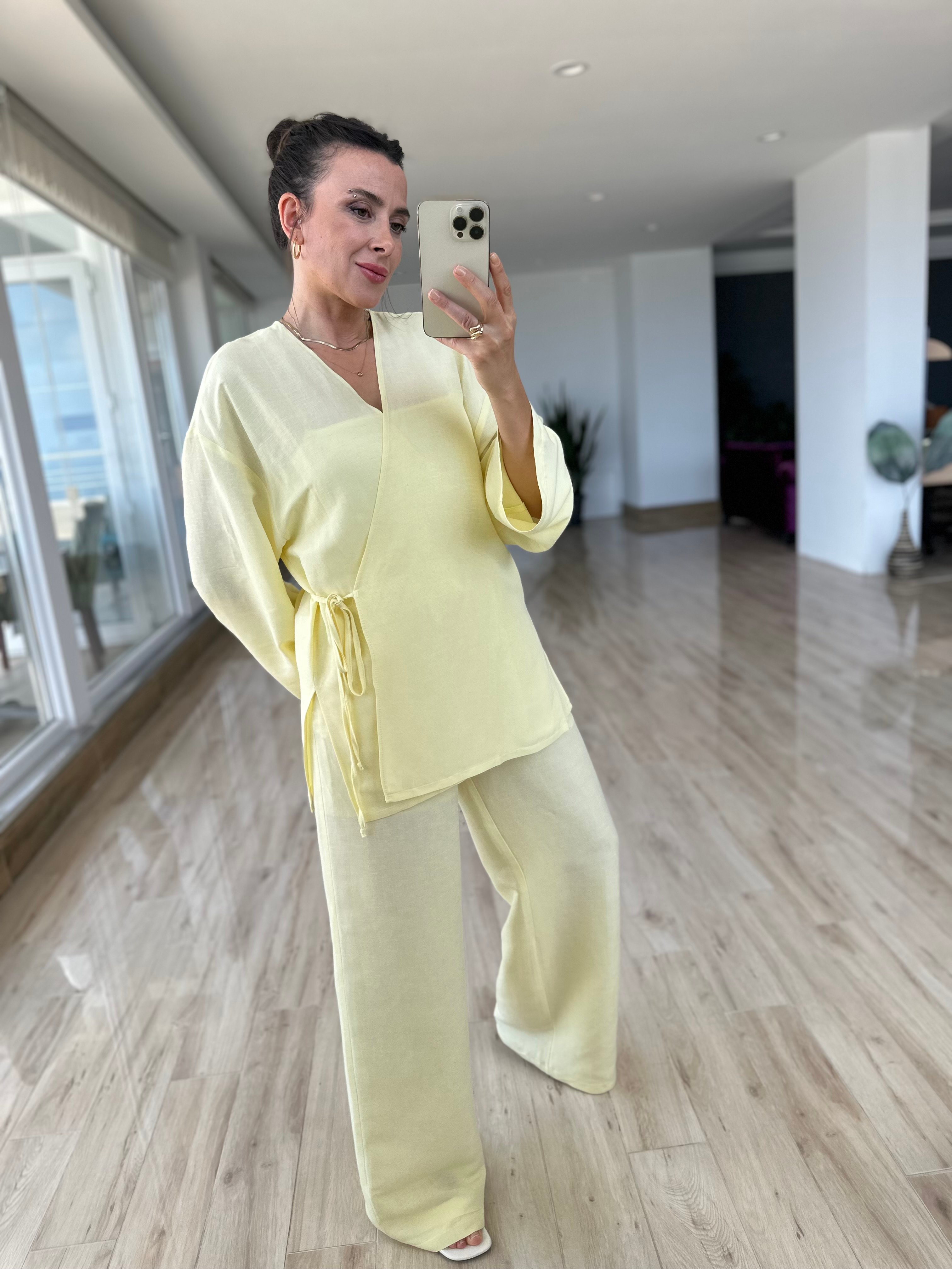 Tereyağ Sarısı Kimono Pantolon Takım