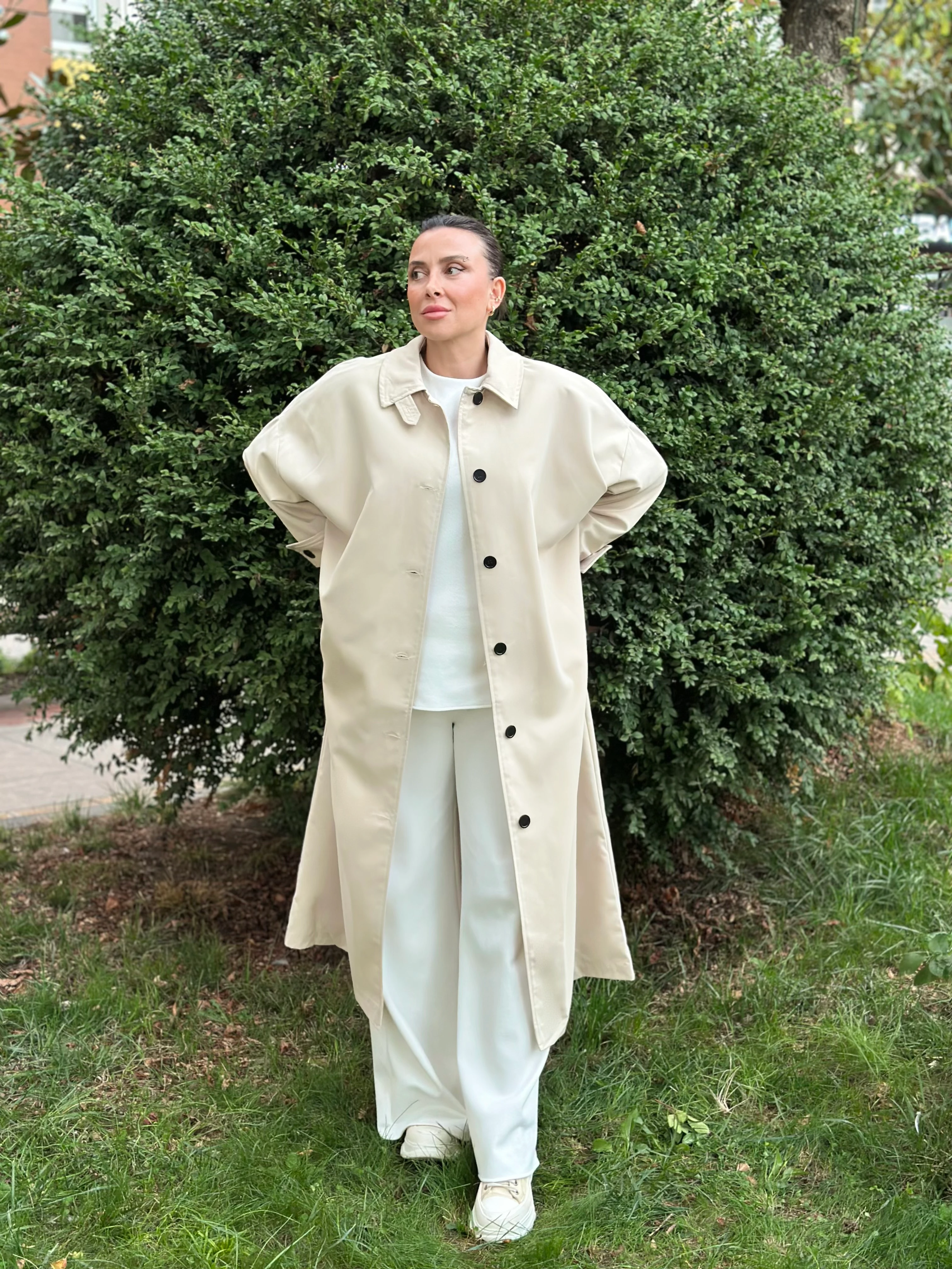 Maksi Boy Bej Renk Düz Model Trençkot