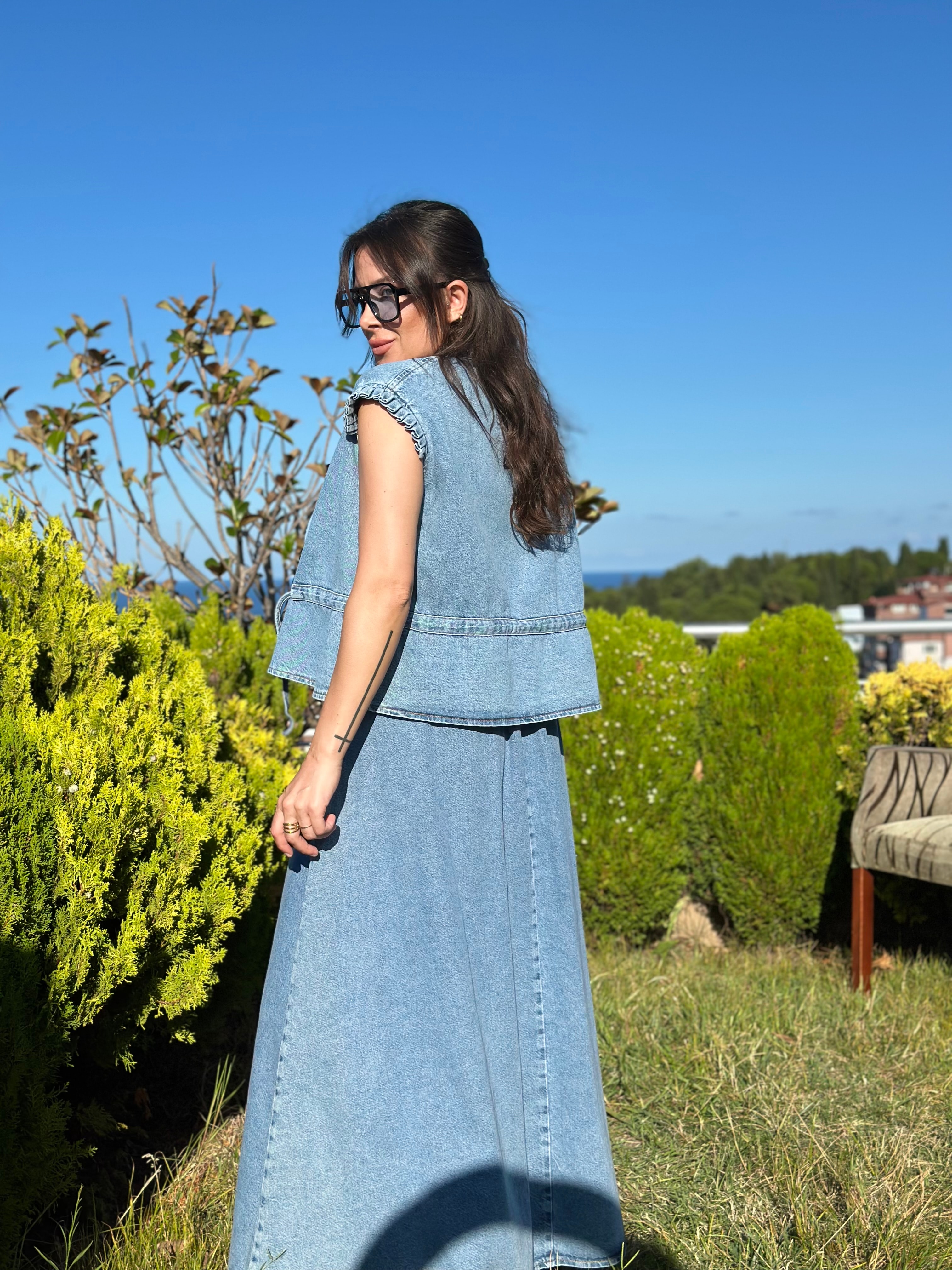 Denim Yelek Etek Takım