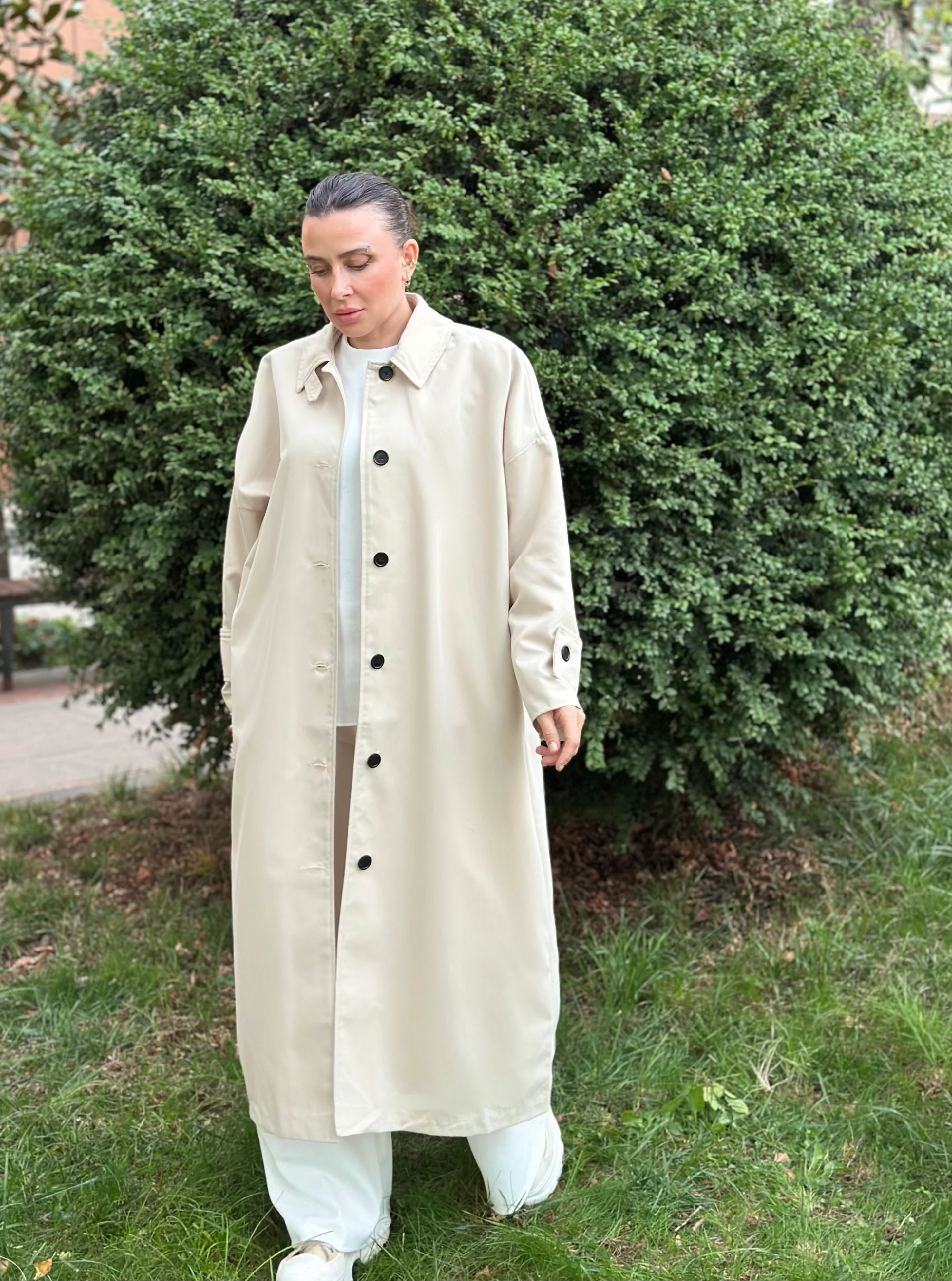 Maksi Boy Bej Renk Düz Model Trençkot