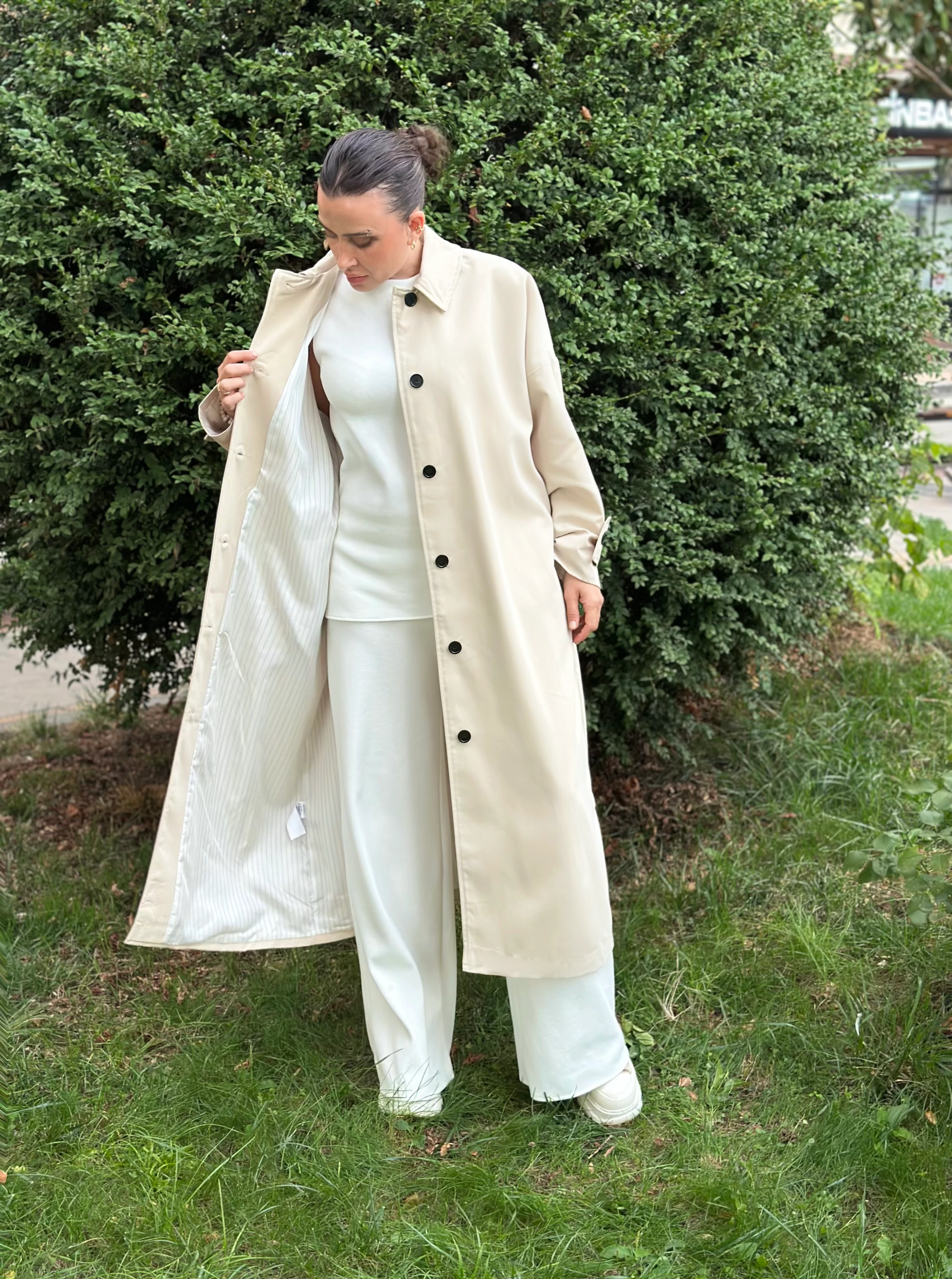 Maksi Boy Bej Renk Düz Model Trençkot