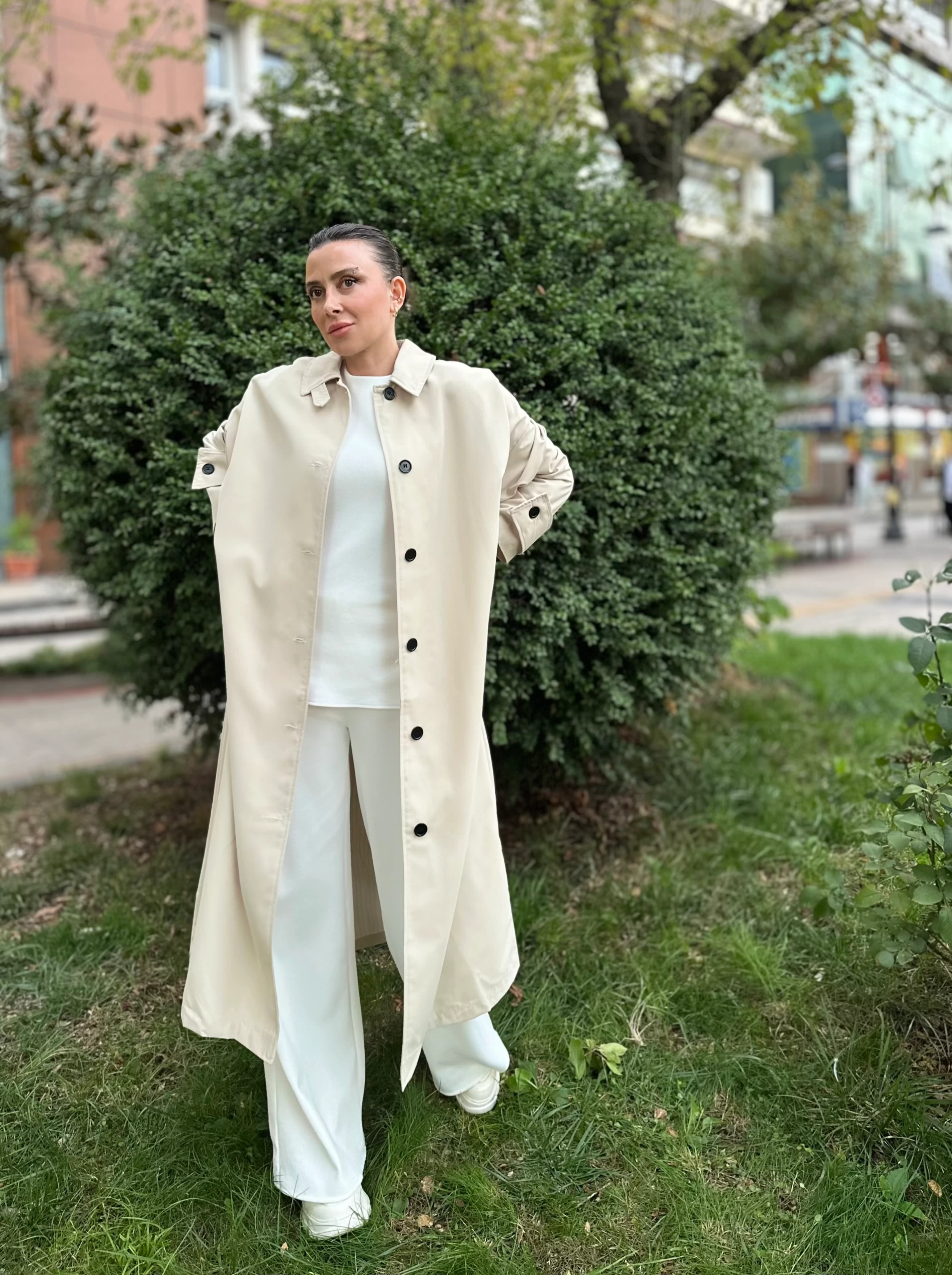 Maksi Boy Bej Renk Düz Model Trençkot