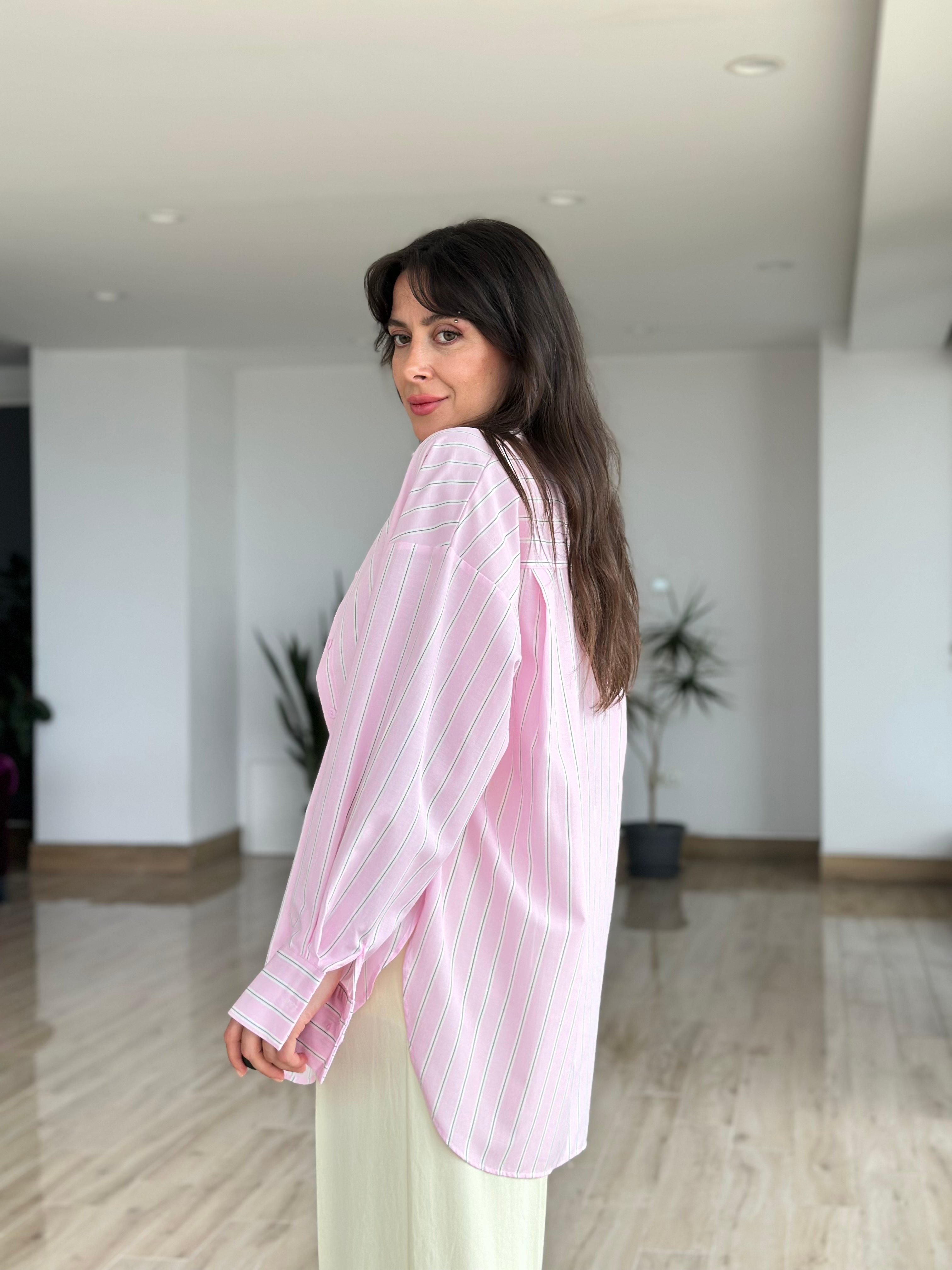 Pembe Renk Çizgili Poplin Gömlek