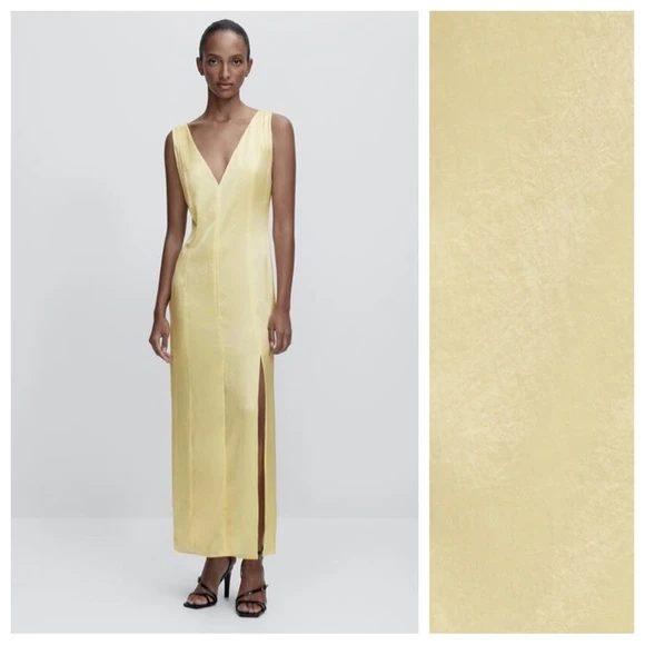 Uzun Sarı Saten Elbise