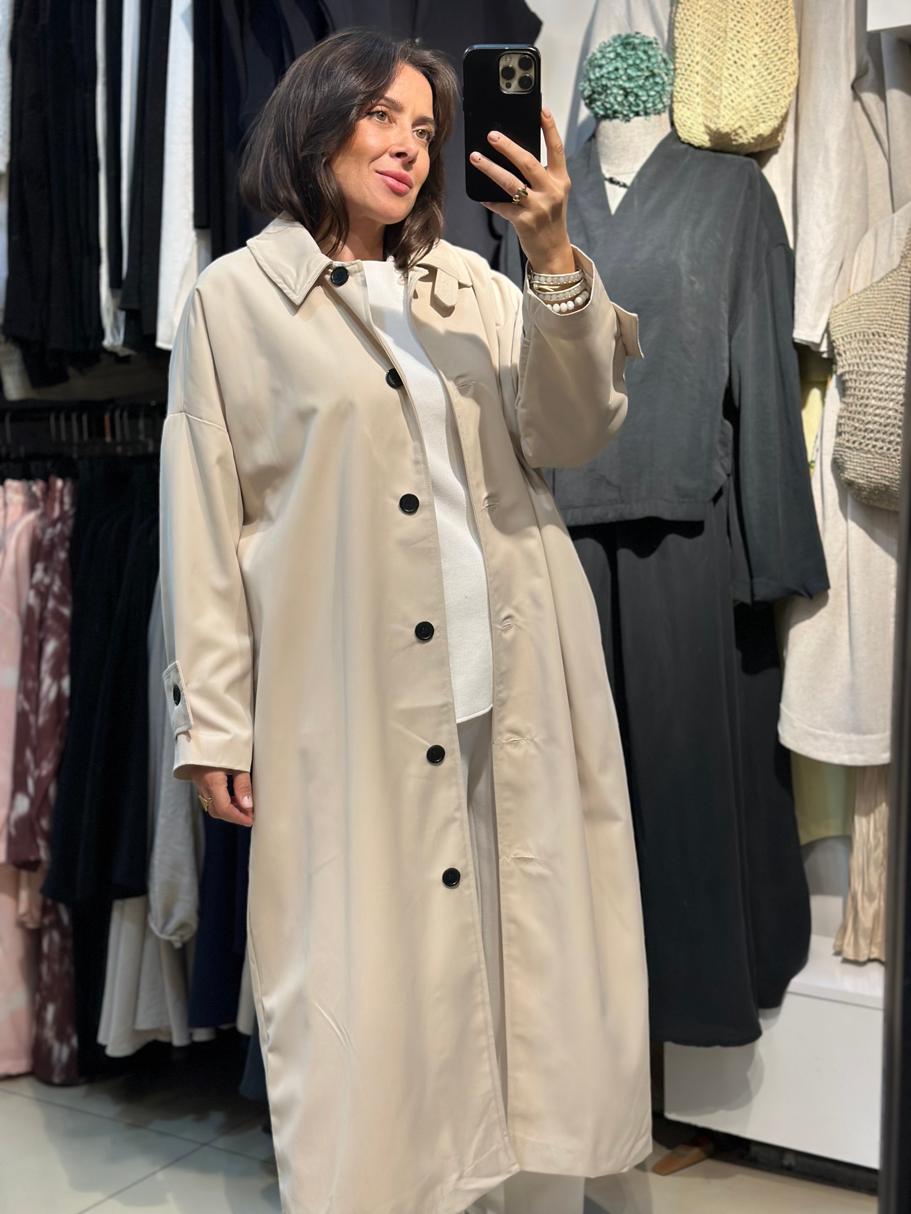 Maksi Boy Bej Renk Düz Model Trençkot