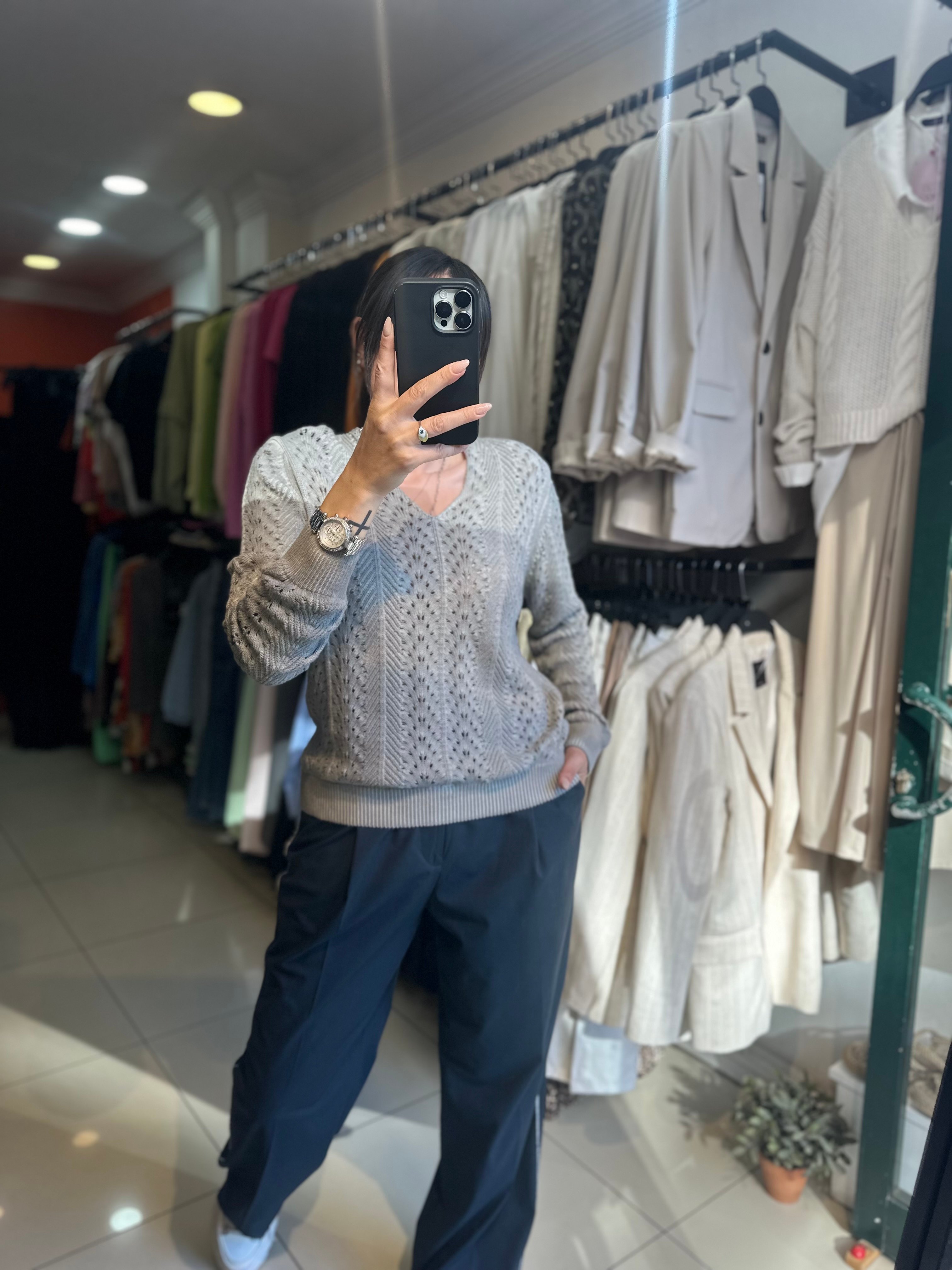 Örme Gri Kroşe Triko Kazak