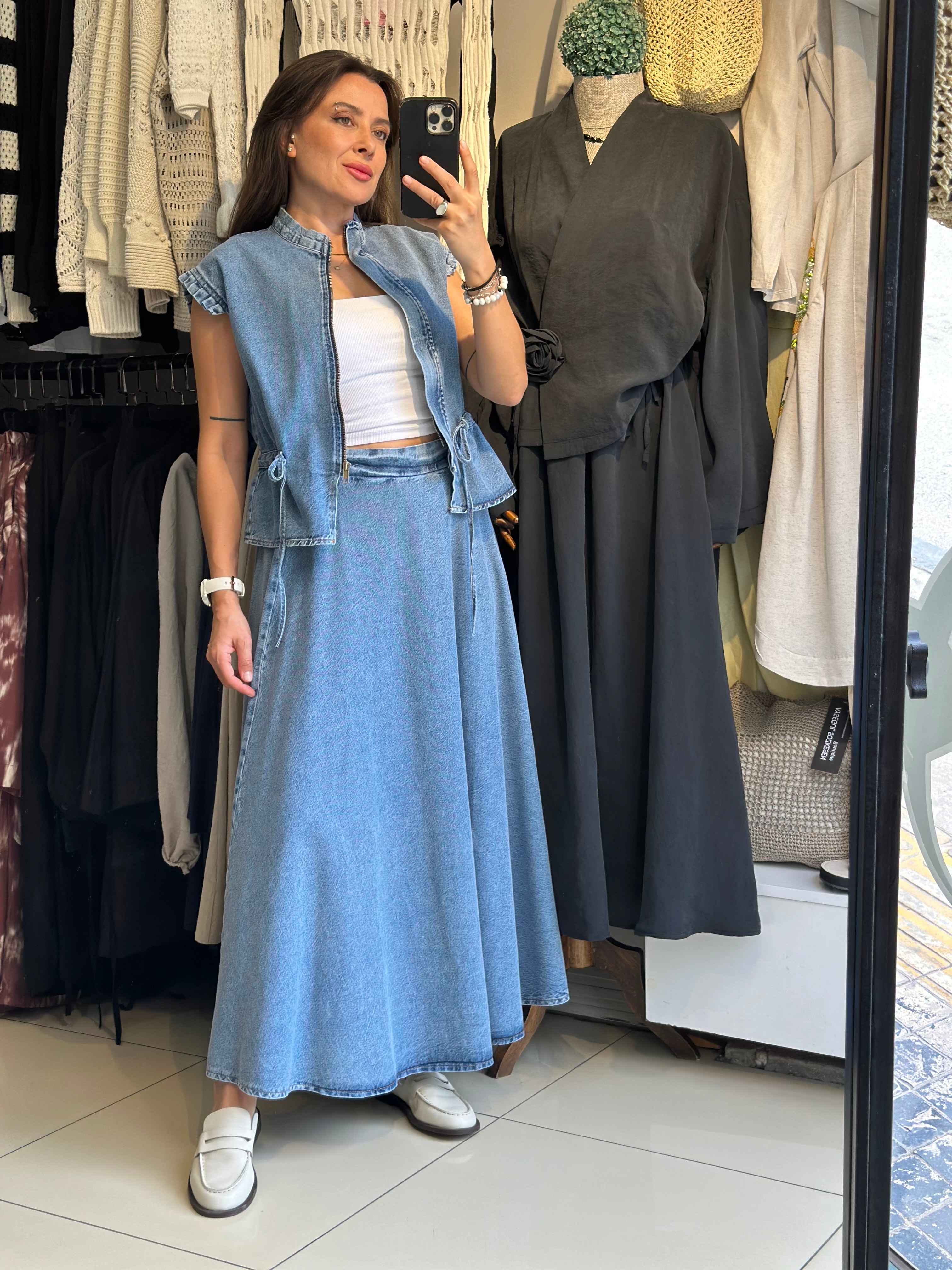 Denim Yelek Etek Takım