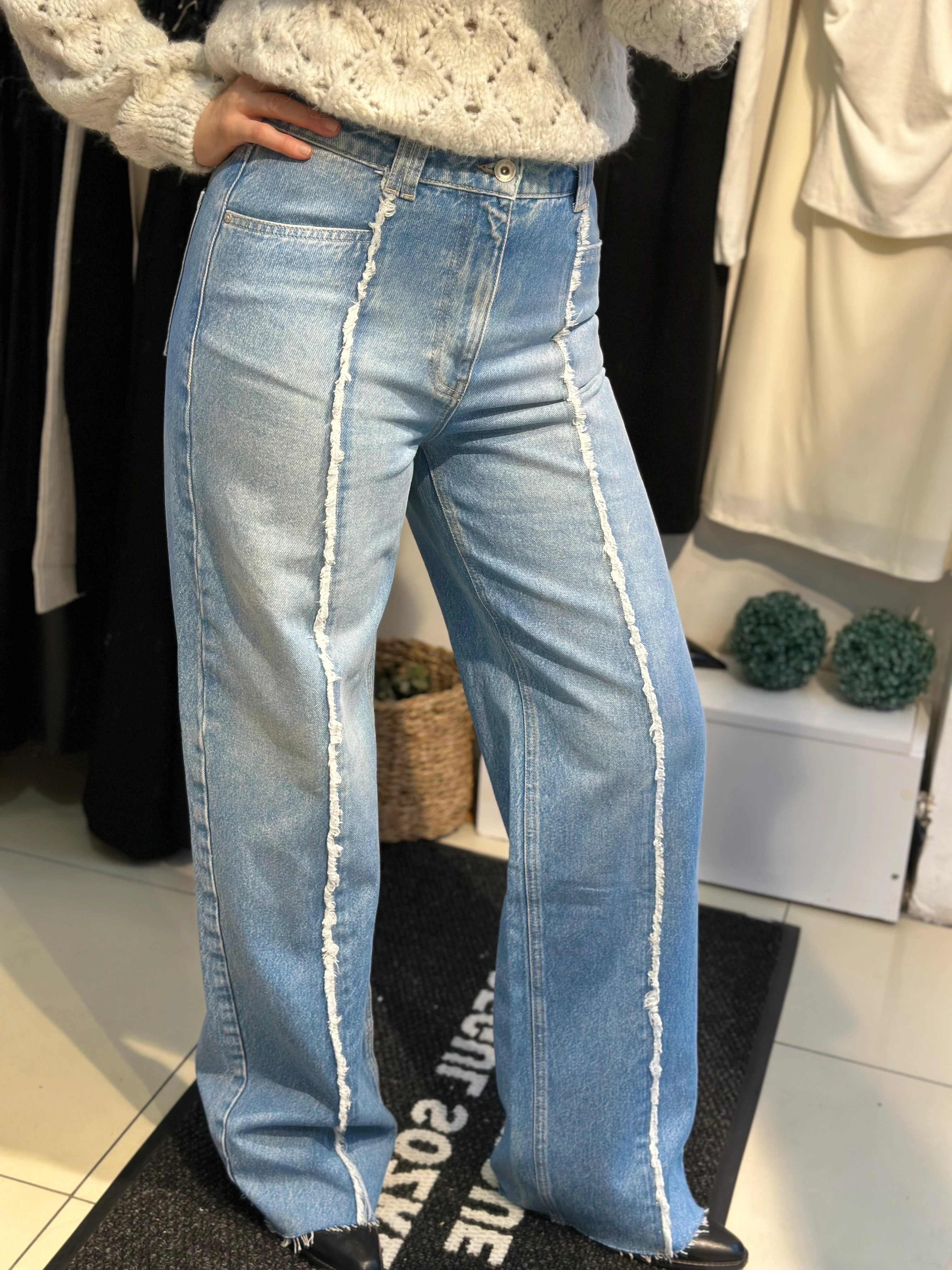 Çizgili Yüksek Bel Denim Pantolon