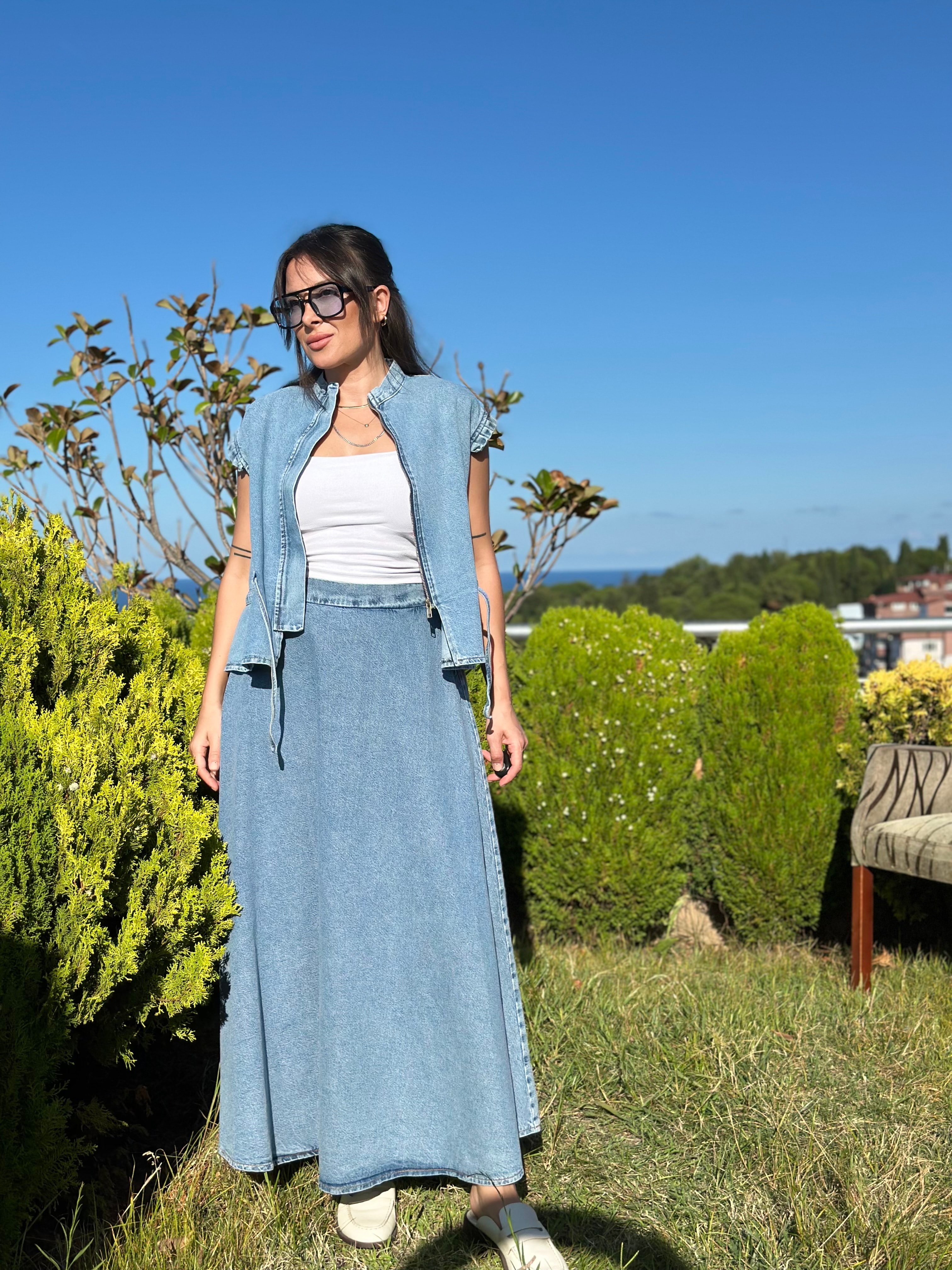 Denim Yelek Etek Takım