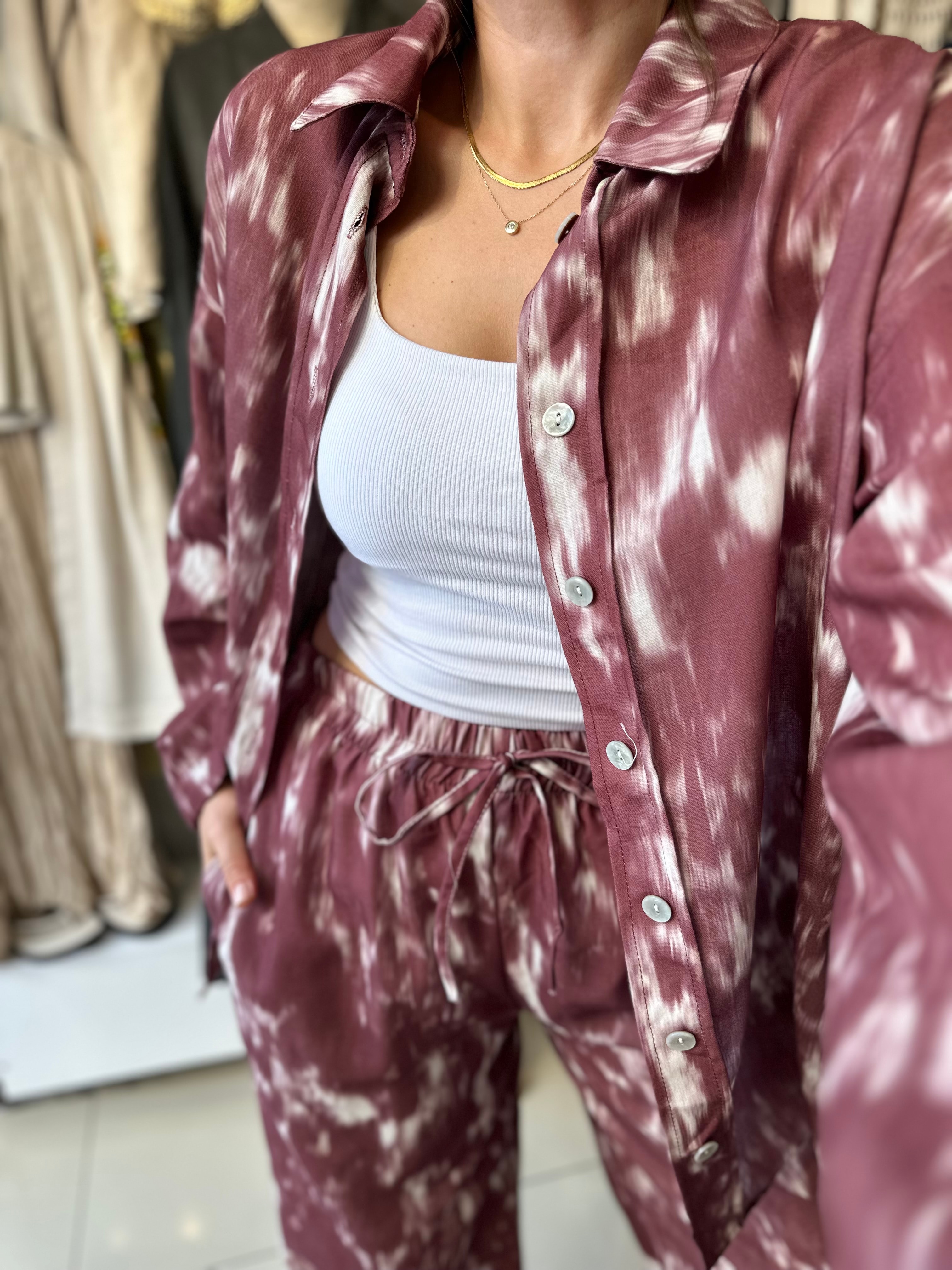 Bordo Batik Desenli Astarlı Pantolon Gömlek Takım