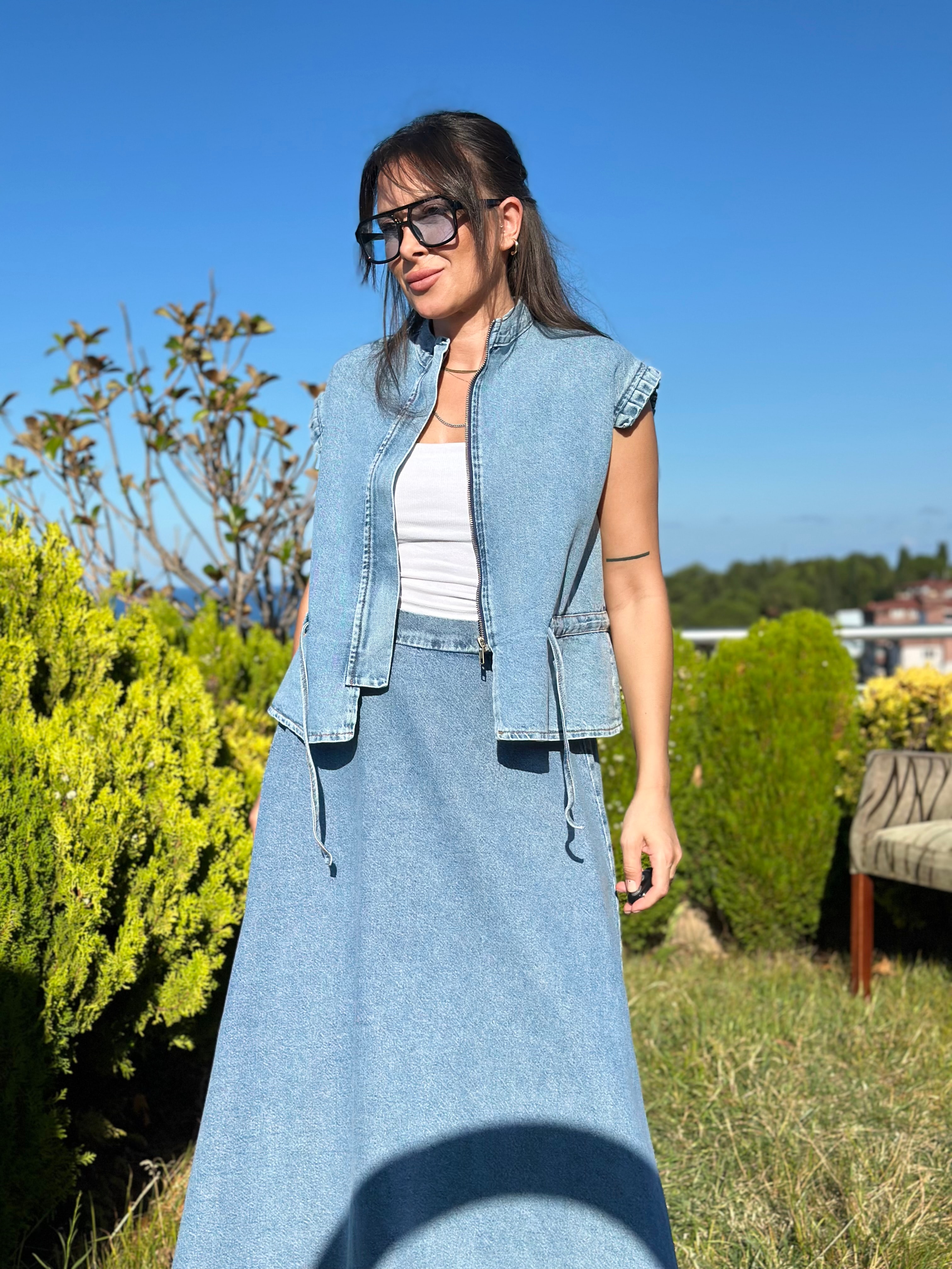 Denim Yelek Etek Takım