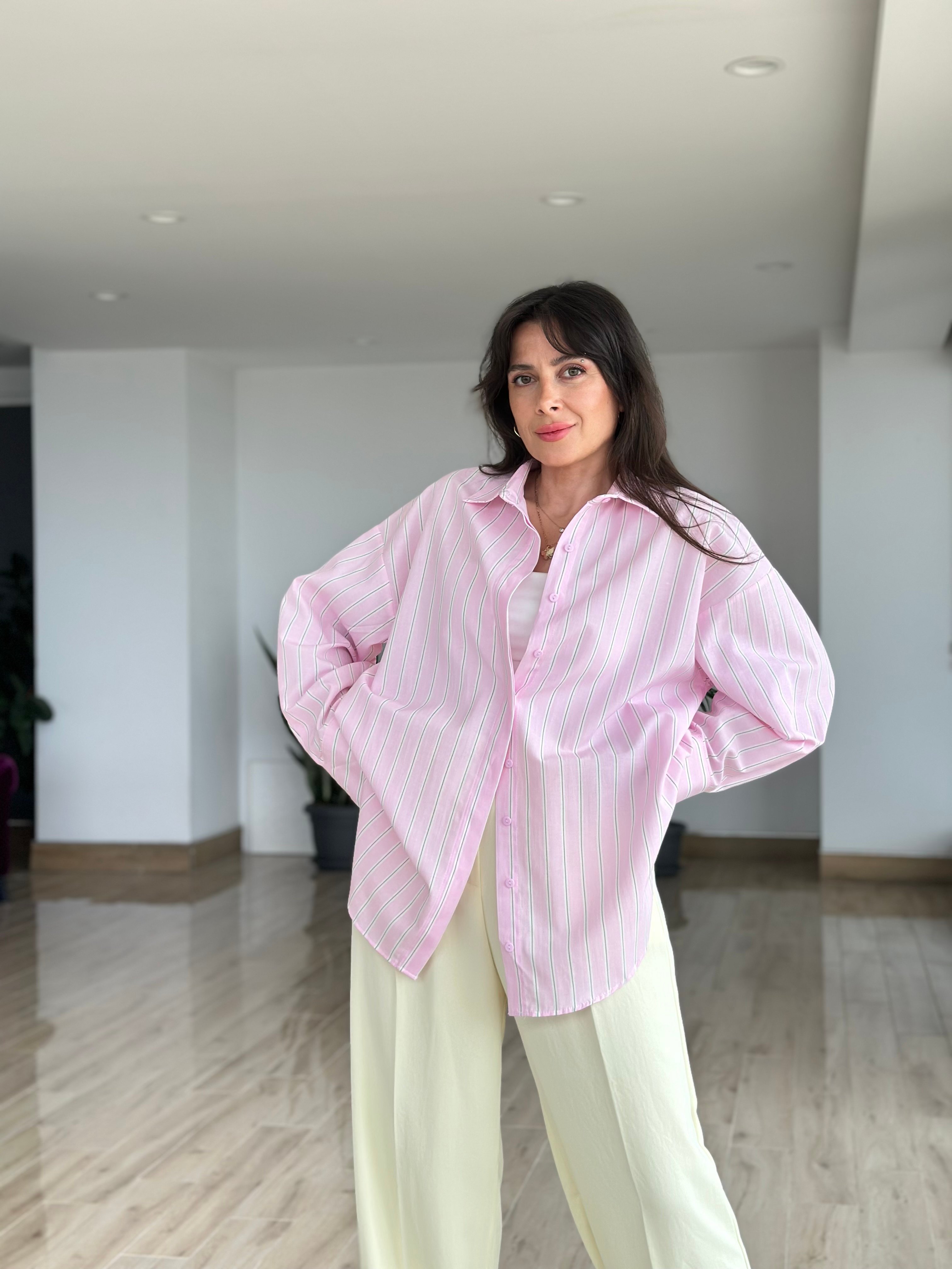 Pembe Renk Çizgili Poplin Gömlek