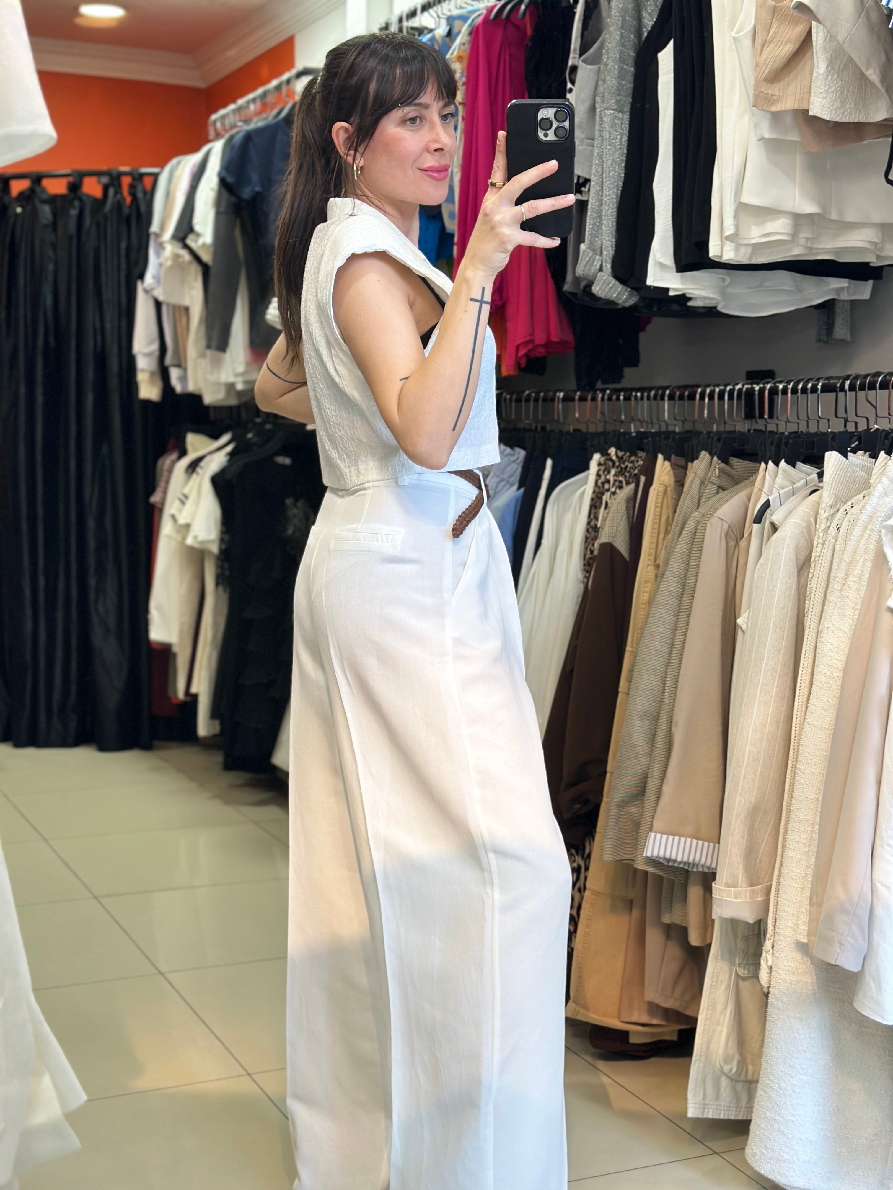 Beyaz Yüksel Bel Kemerli Keten Pantolon