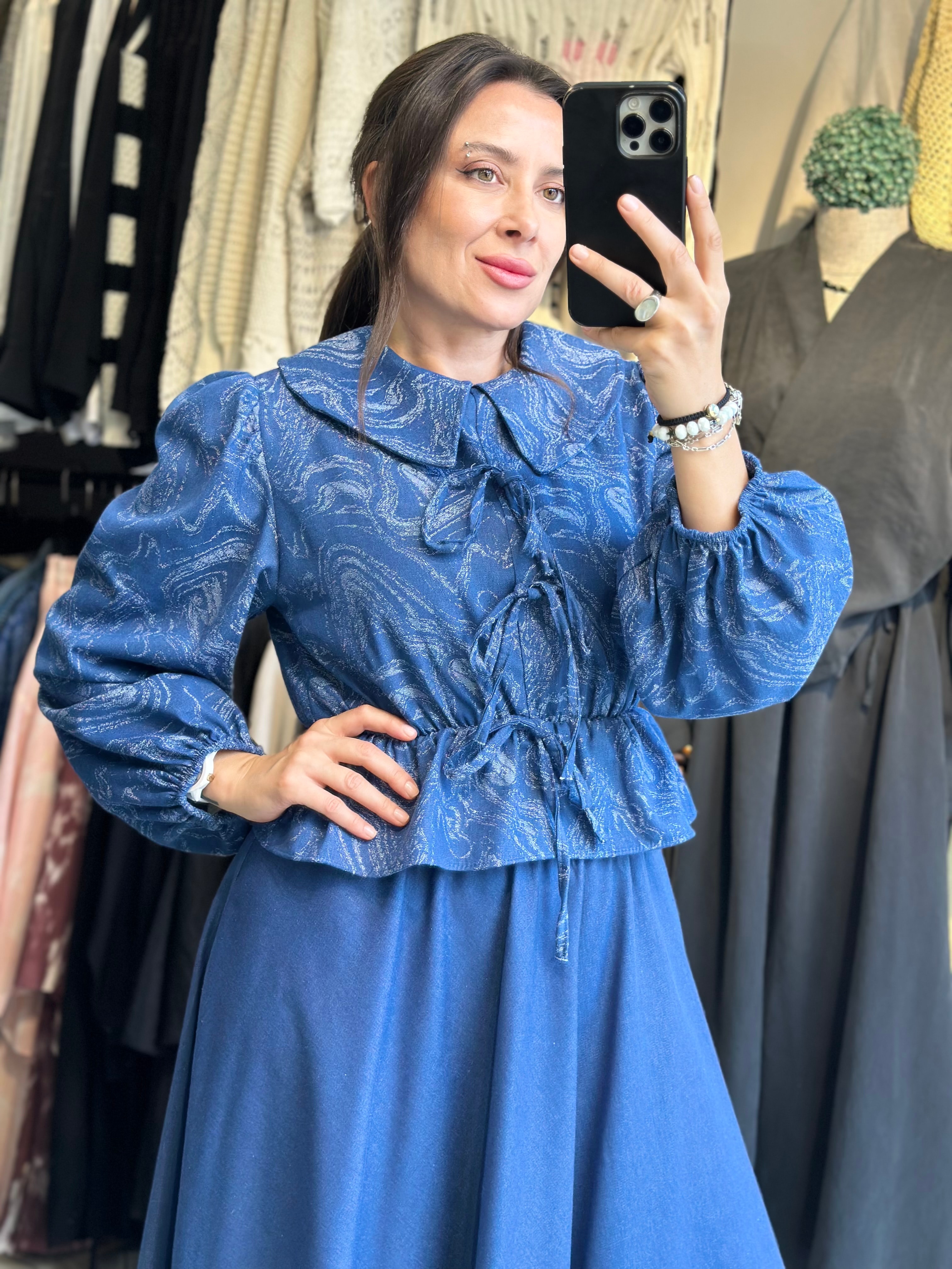 Denim Efektli Bluz Etek Takım