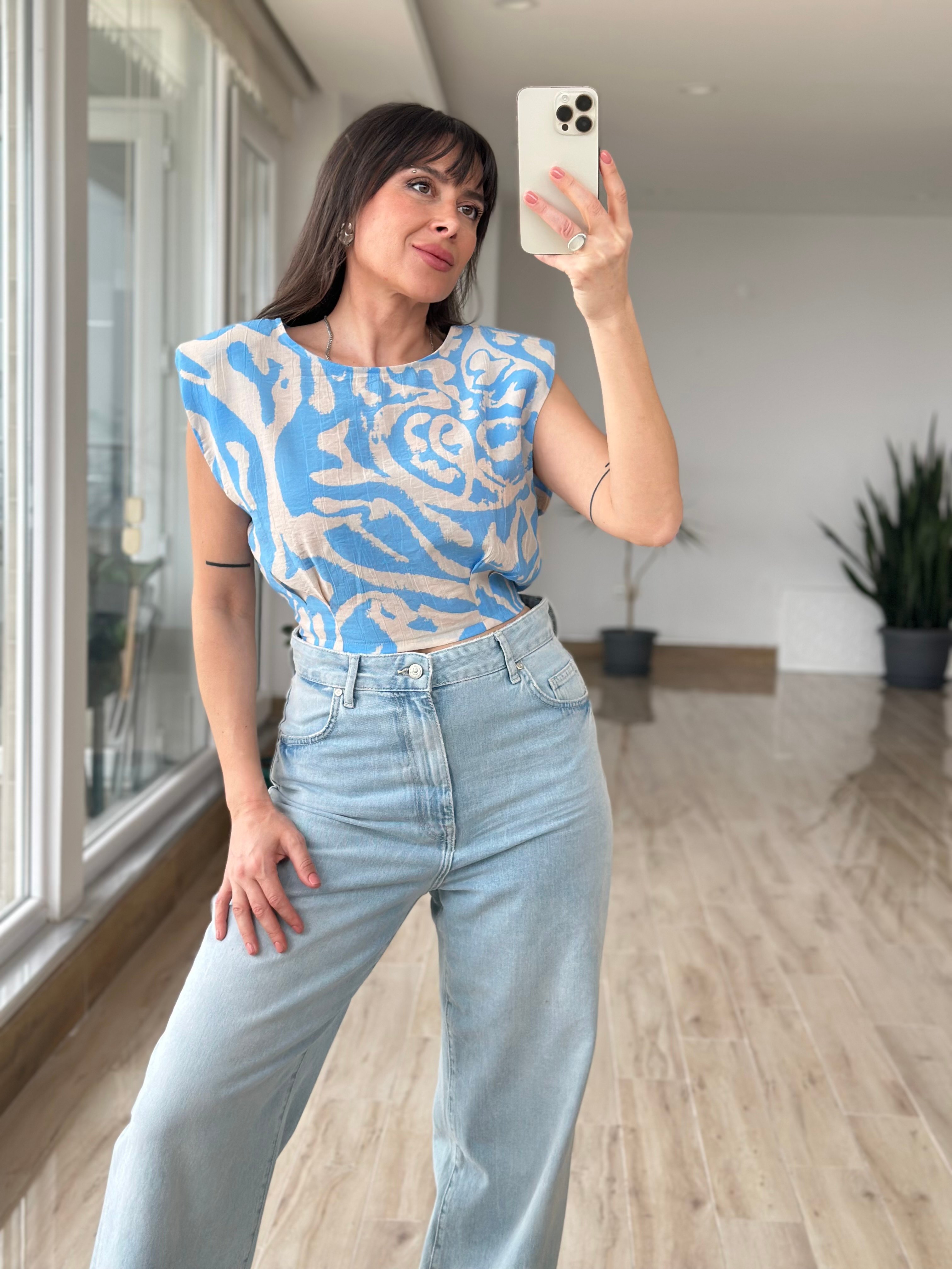 Vatkalı Mavi Crop Bluz 
