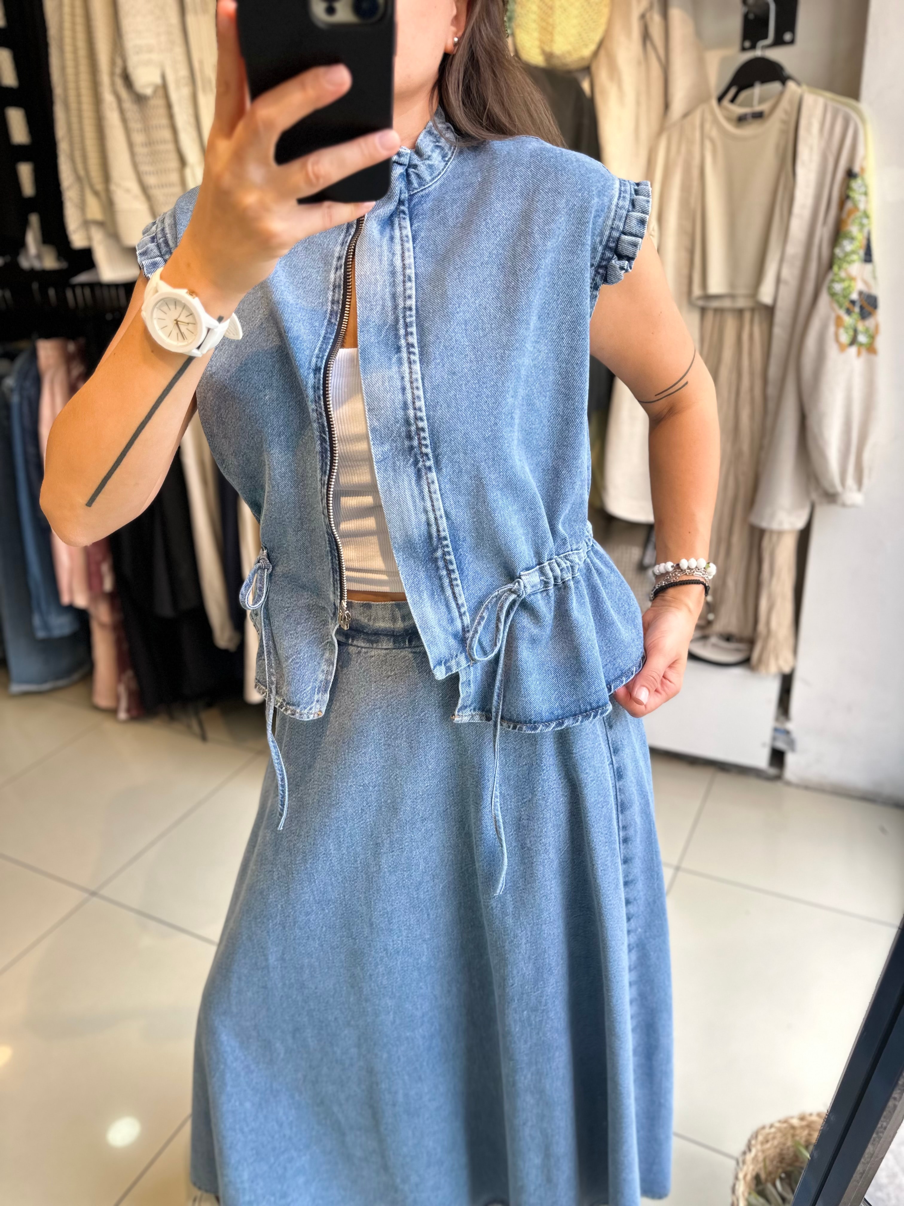 Denim Yelek Etek Takım