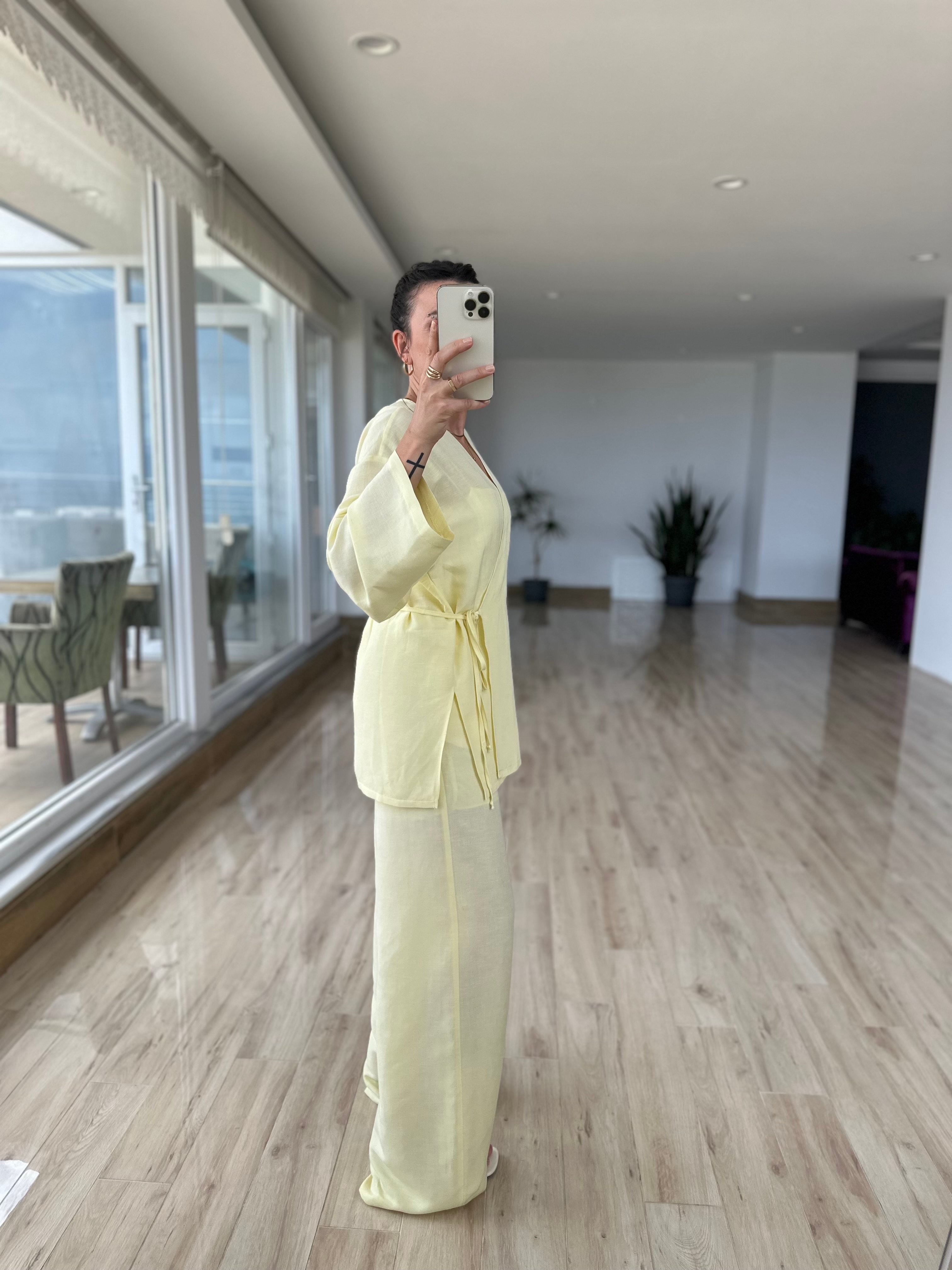 Tereyağ Sarısı Kimono Pantolon Takım