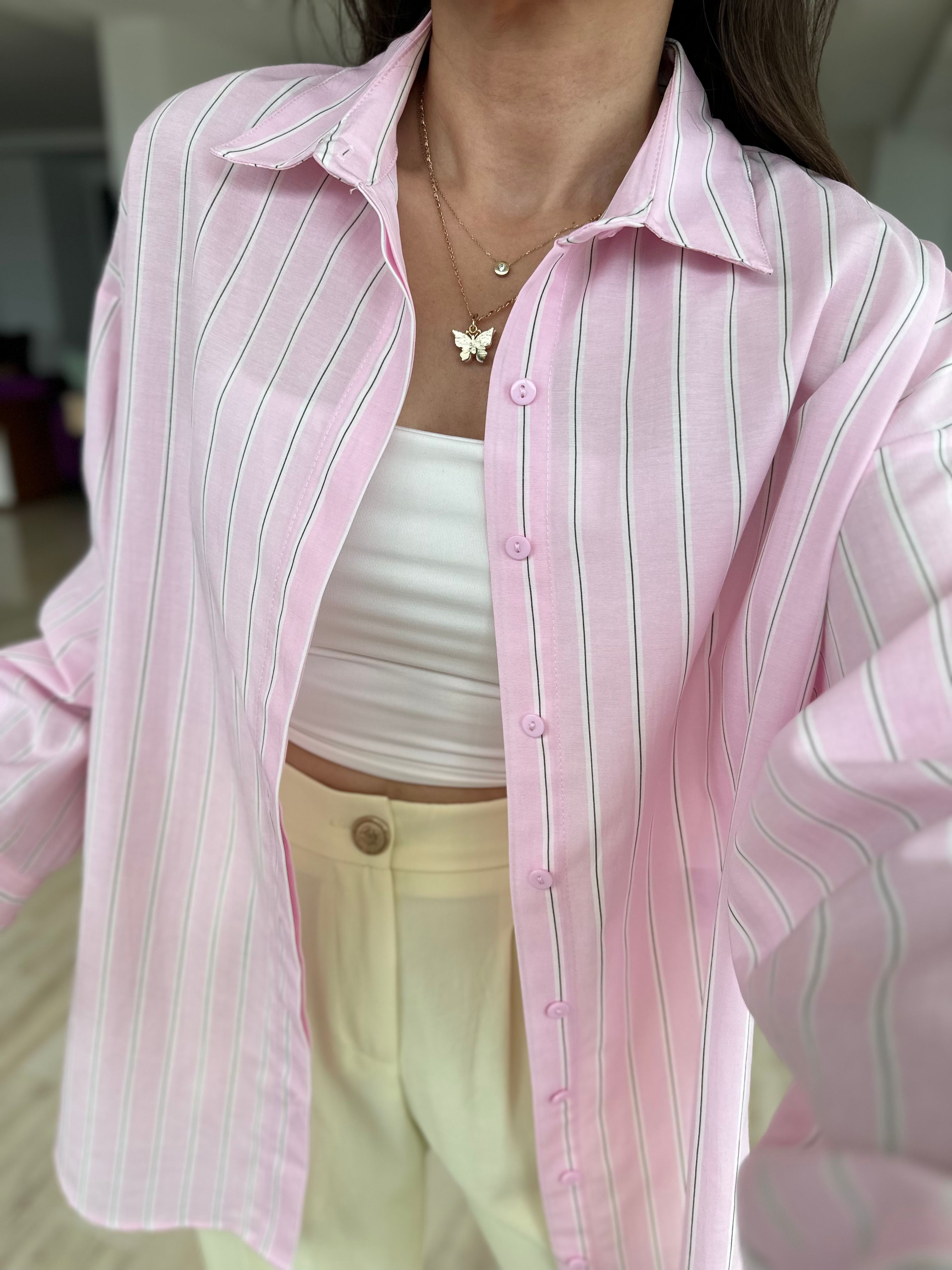 Pembe Renk Çizgili Poplin Gömlek