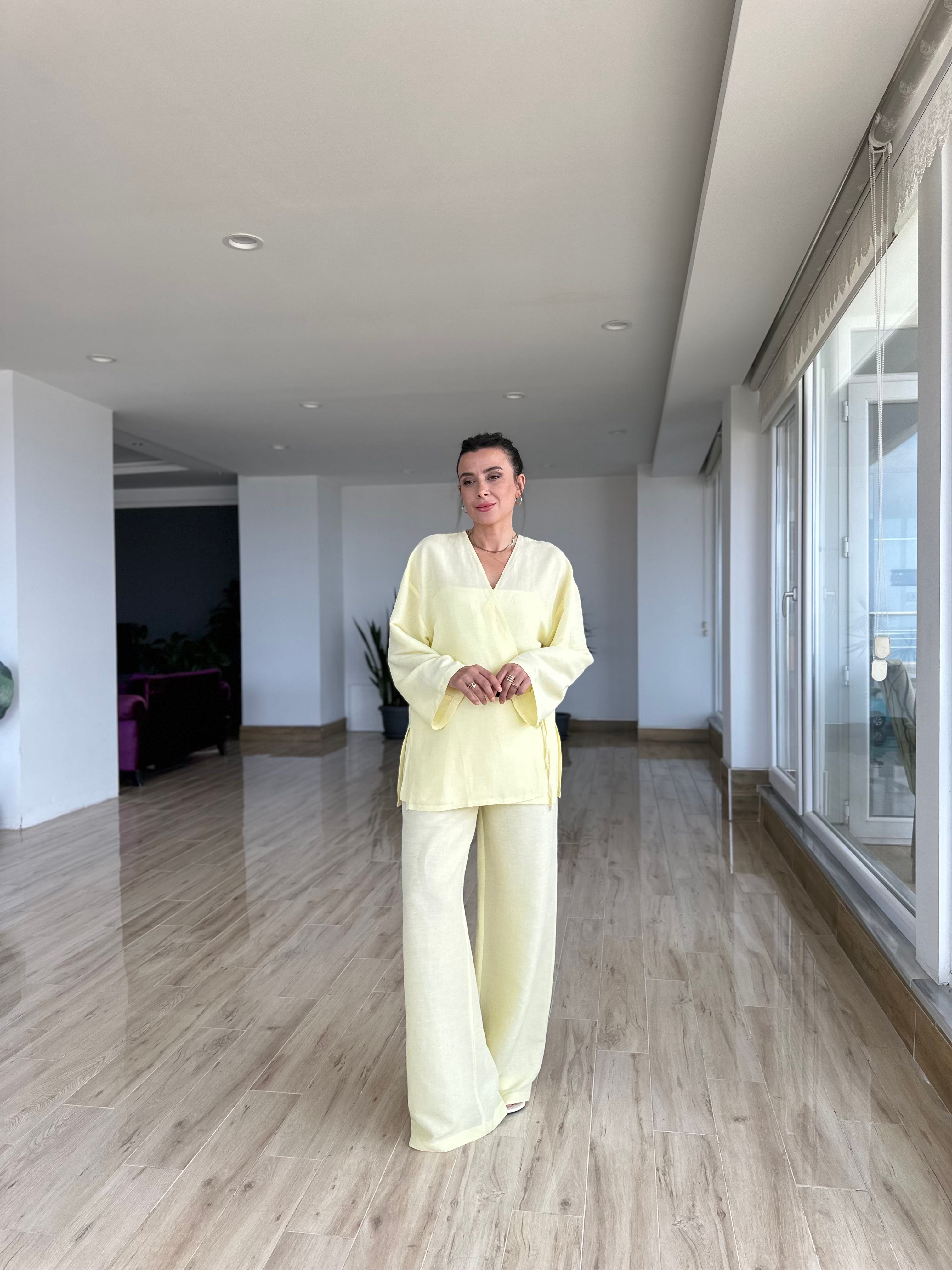 Tereyağ Sarısı Kimono Pantolon Takım