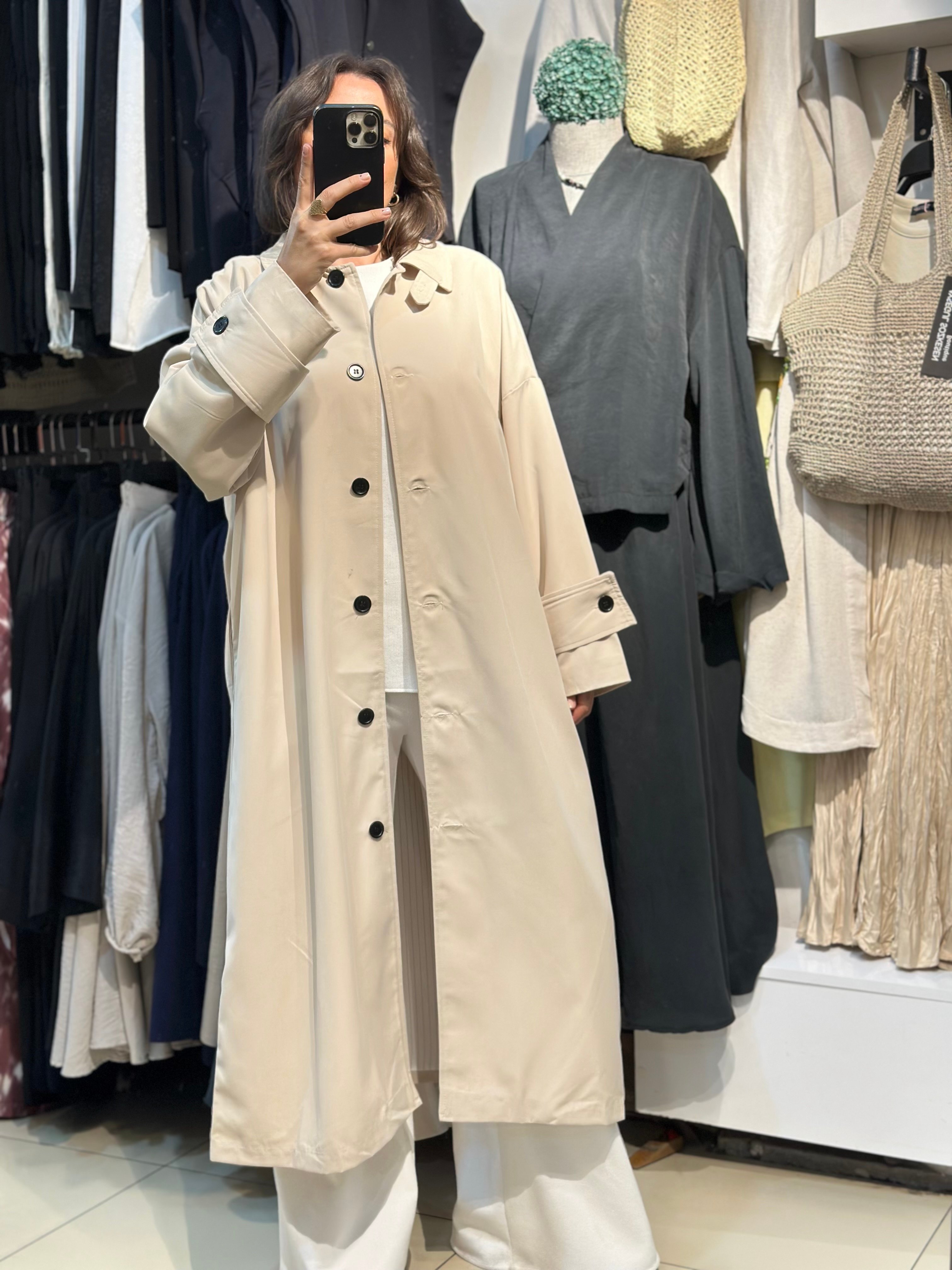Maksi Boy Bej Renk Düz Model Trençkot