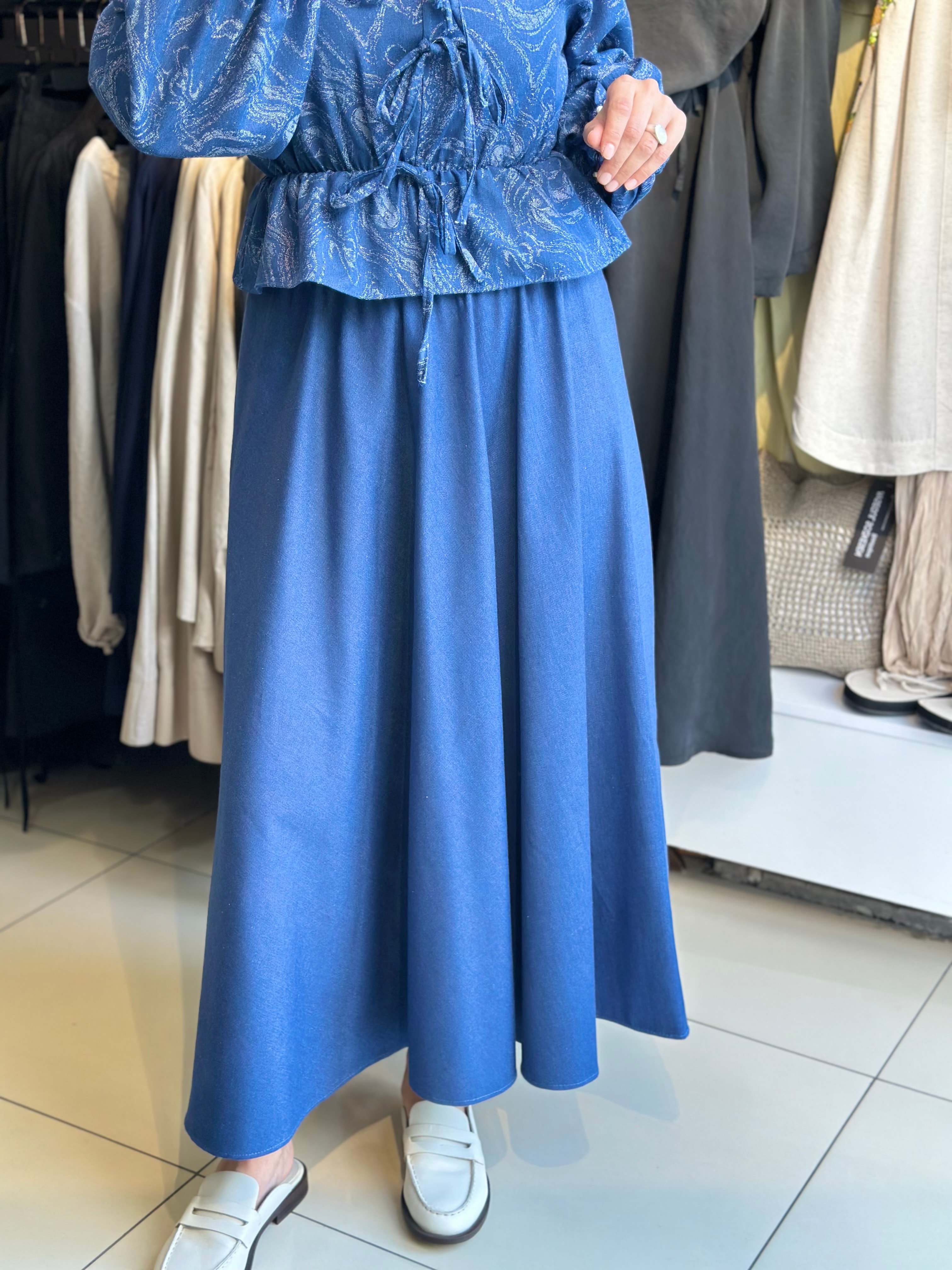 Denim Efektli Bluz Etek Takım