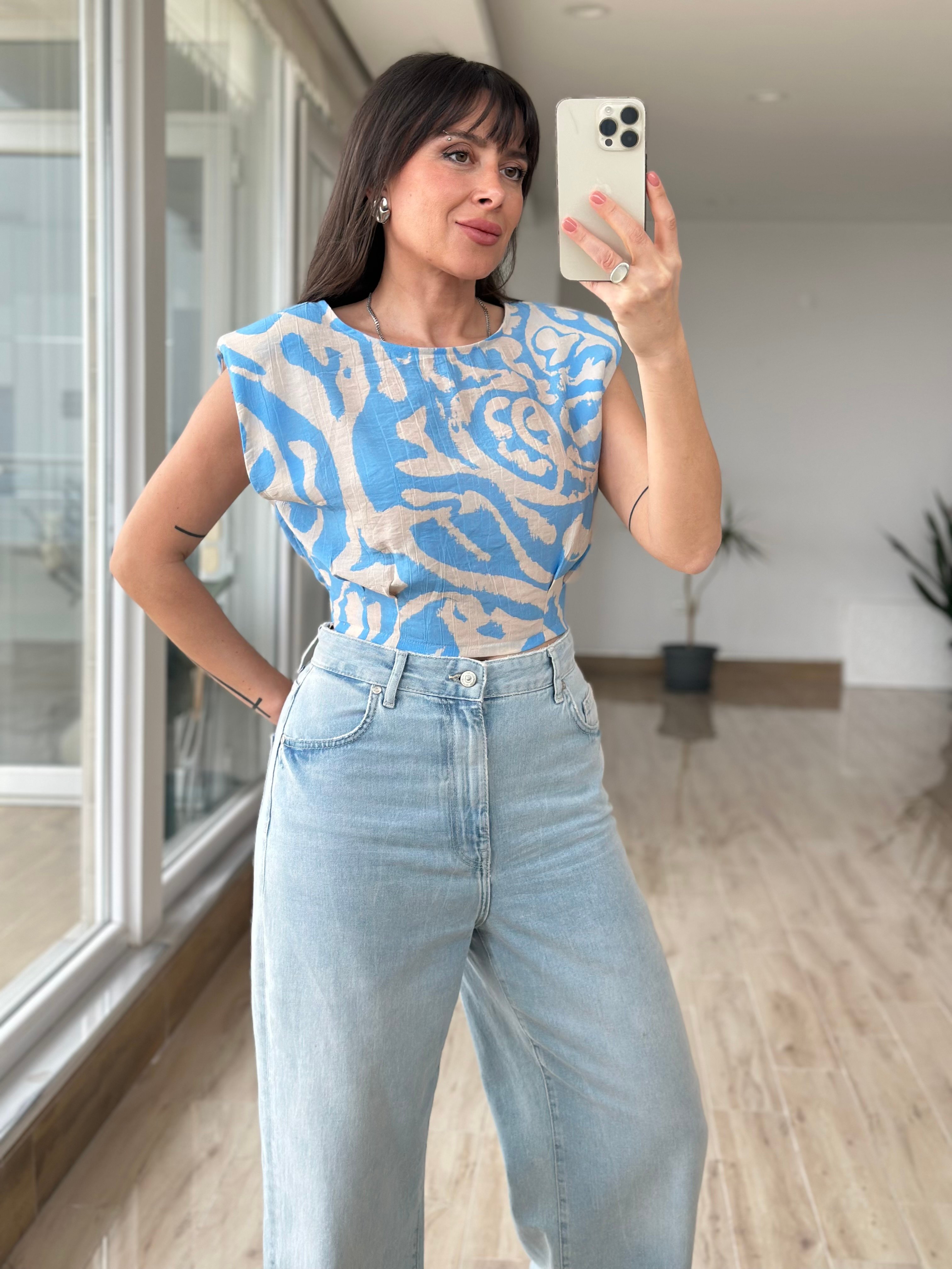 Vatkalı Mavi Crop Bluz 