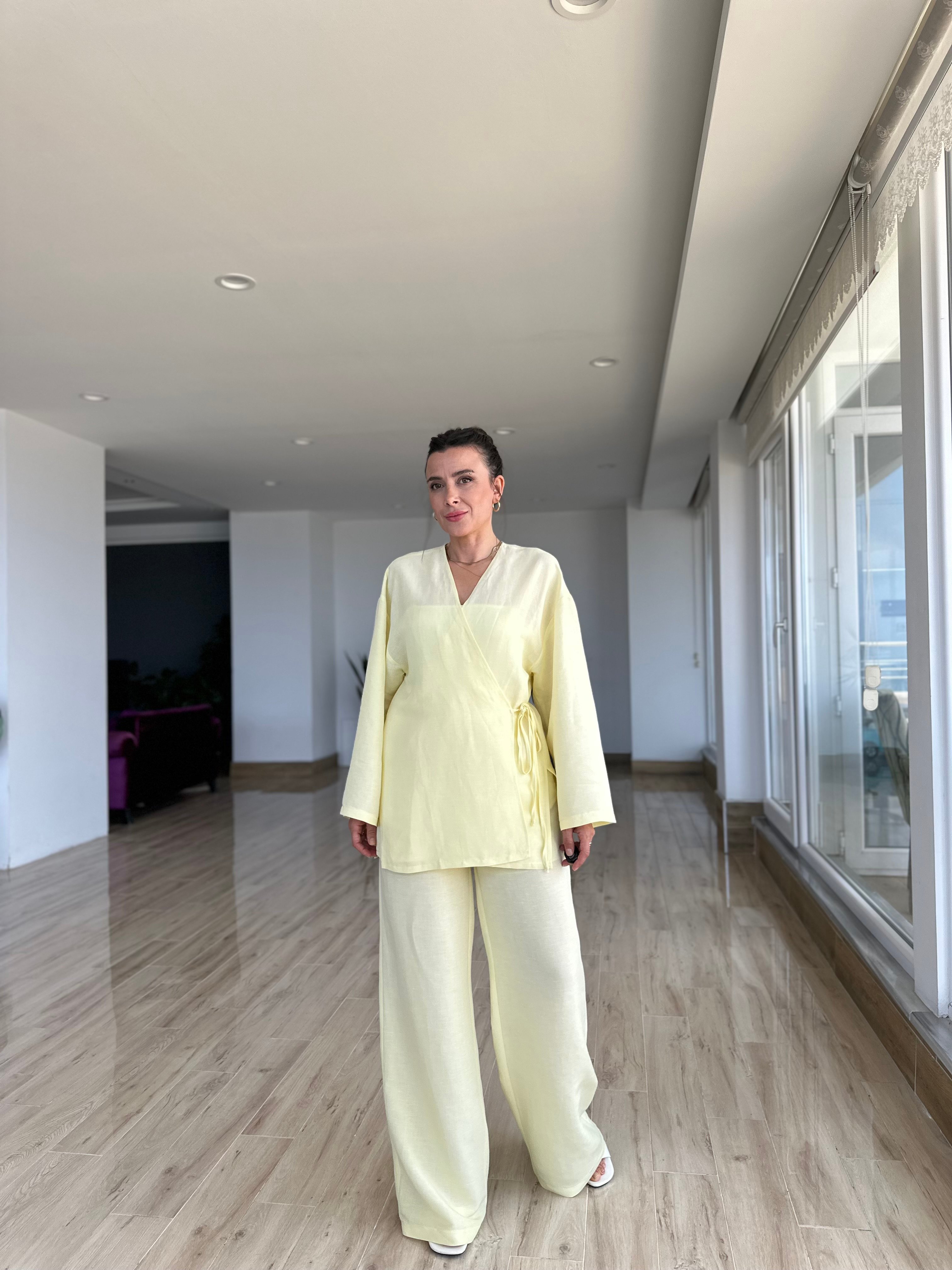 Tereyağ Sarısı Kimono Pantolon Takım