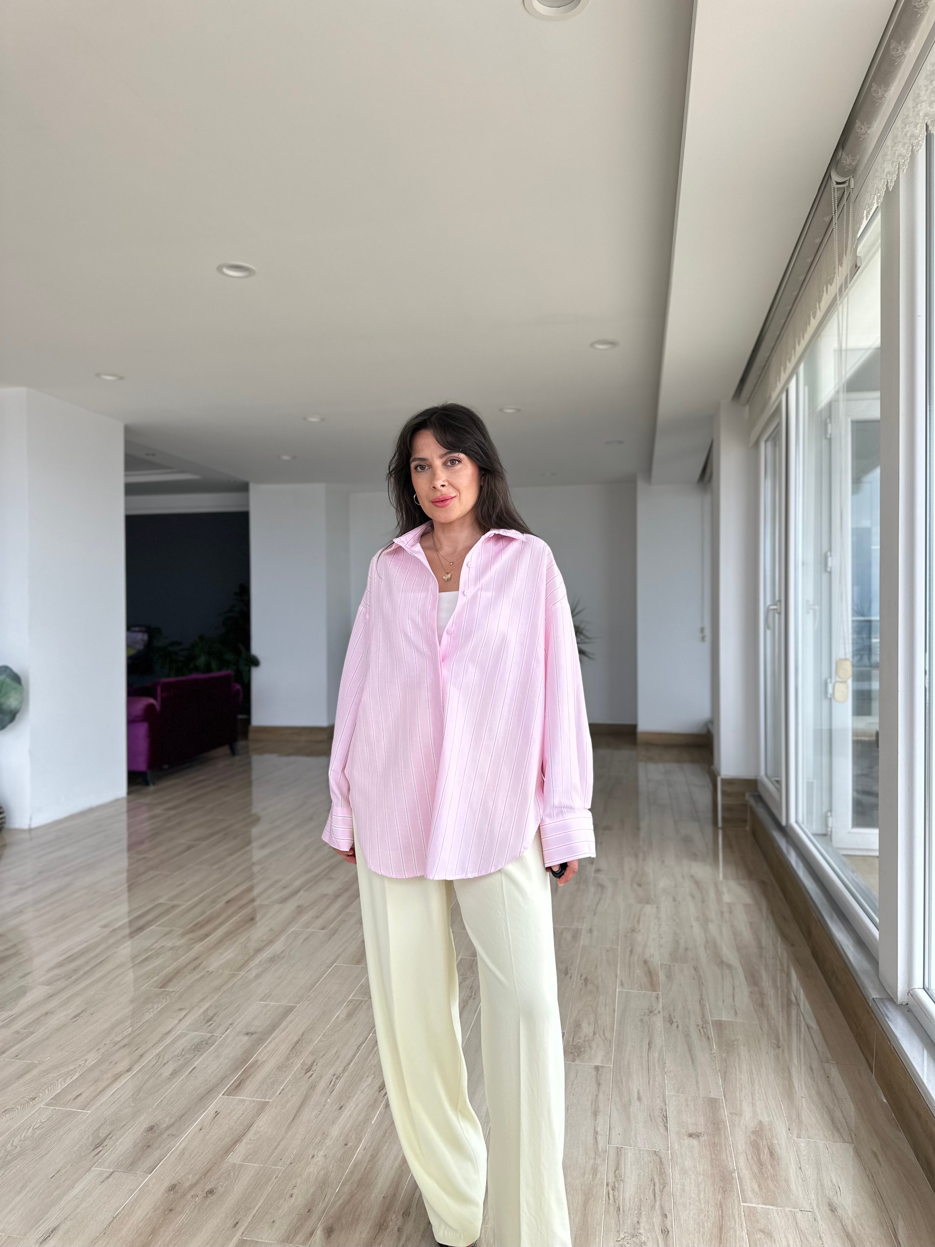 Pembe Renk Çizgili Poplin Gömlek