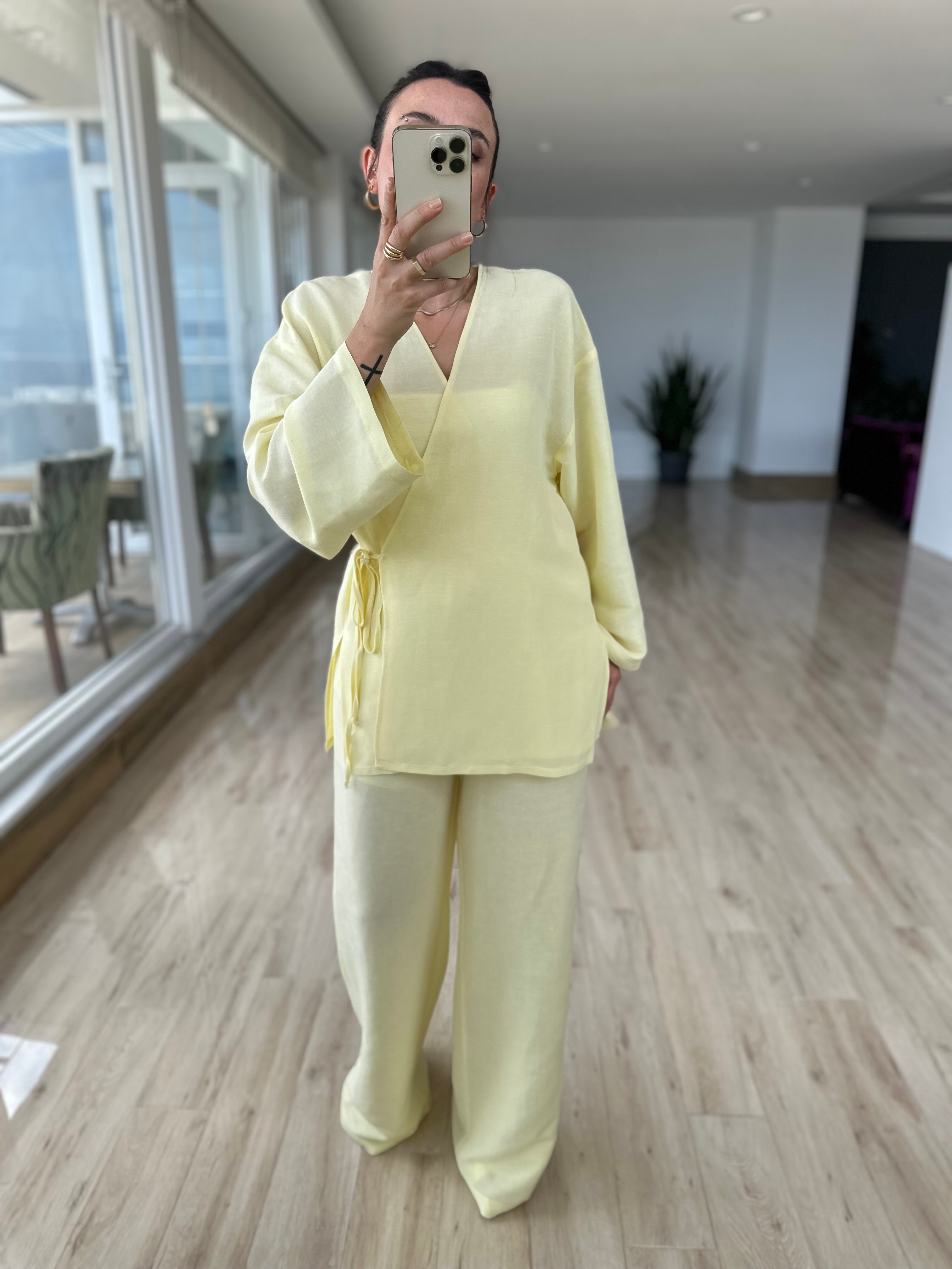 Tereyağ Sarısı Kimono Pantolon Takım
