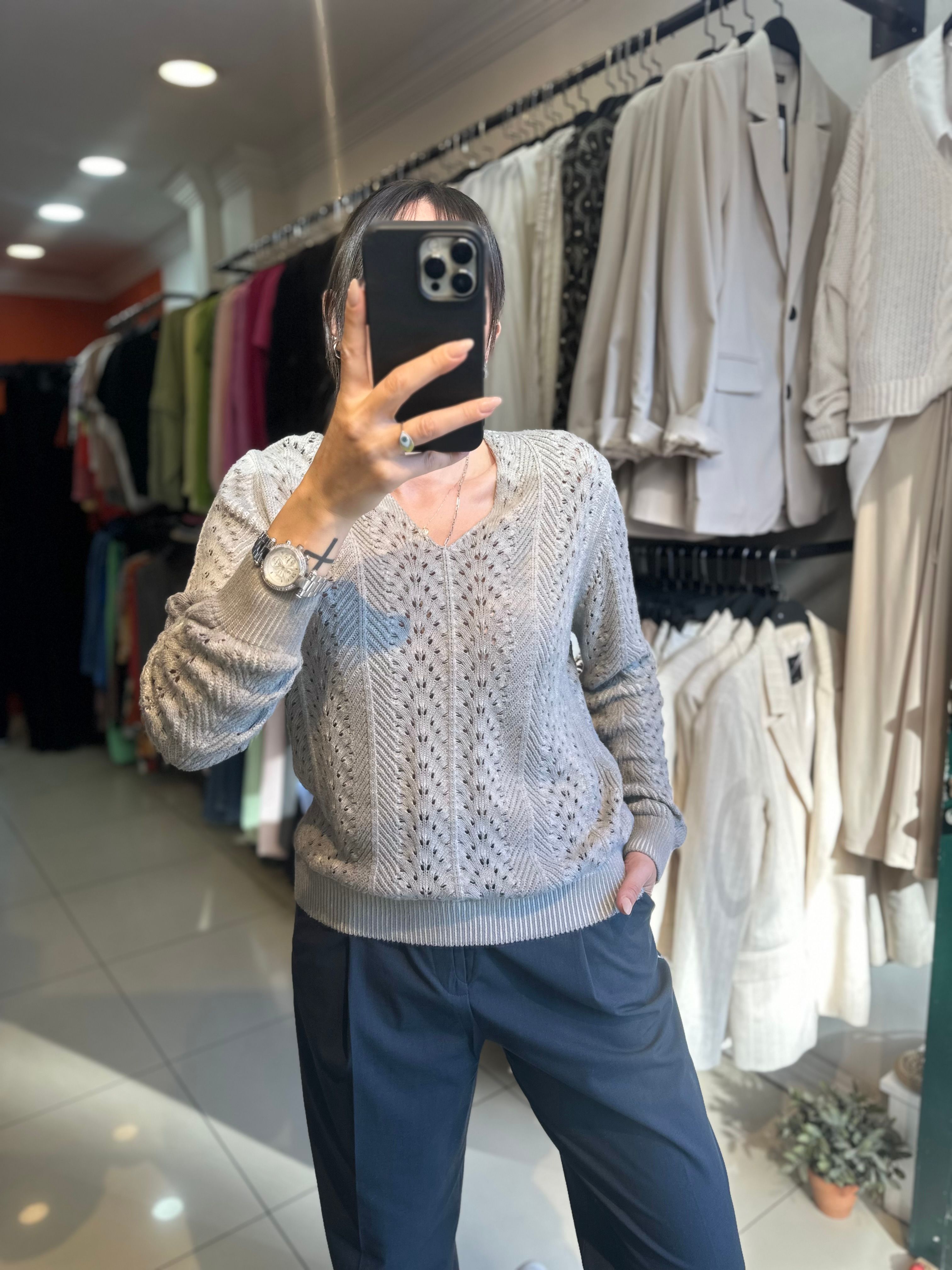 Örme Gri Kroşe Triko Kazak